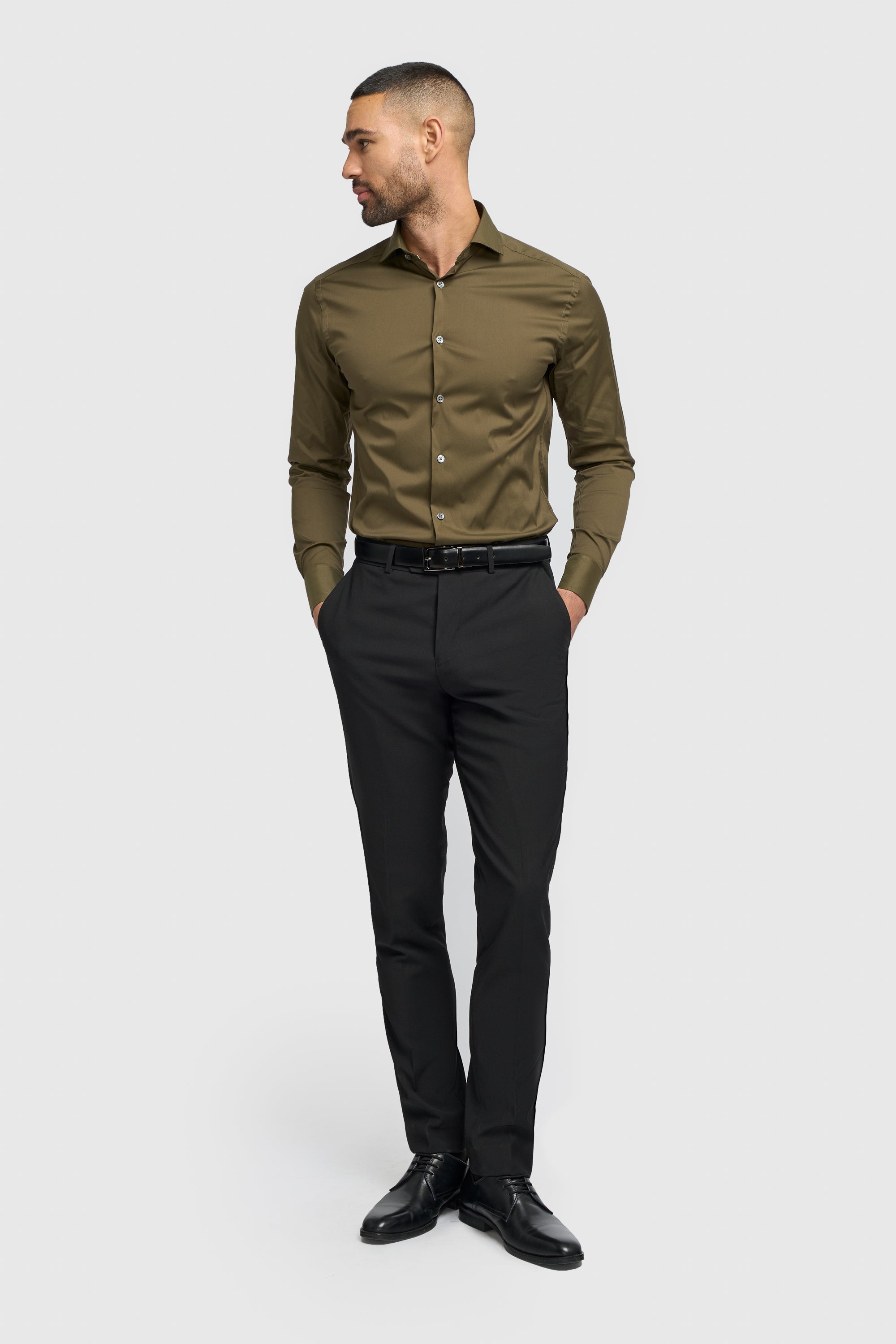 Men's Cotton Blend Slim Fit Dress Shirt - MONACO - Olive Green Modle Front Picture