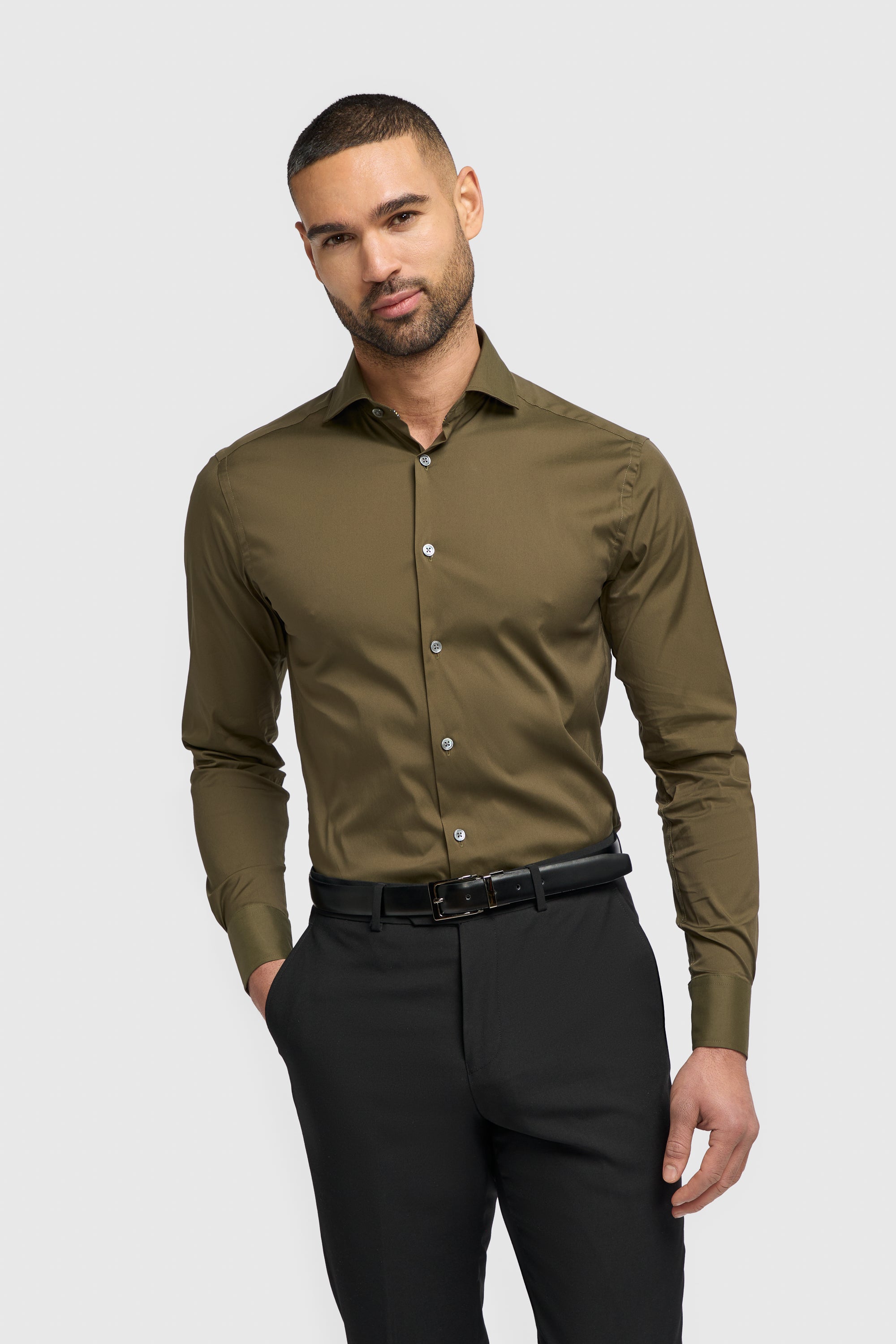 Men's Cotton Blend Slim Fit Dress Shirt - MONACO - Olive Green Front Picture