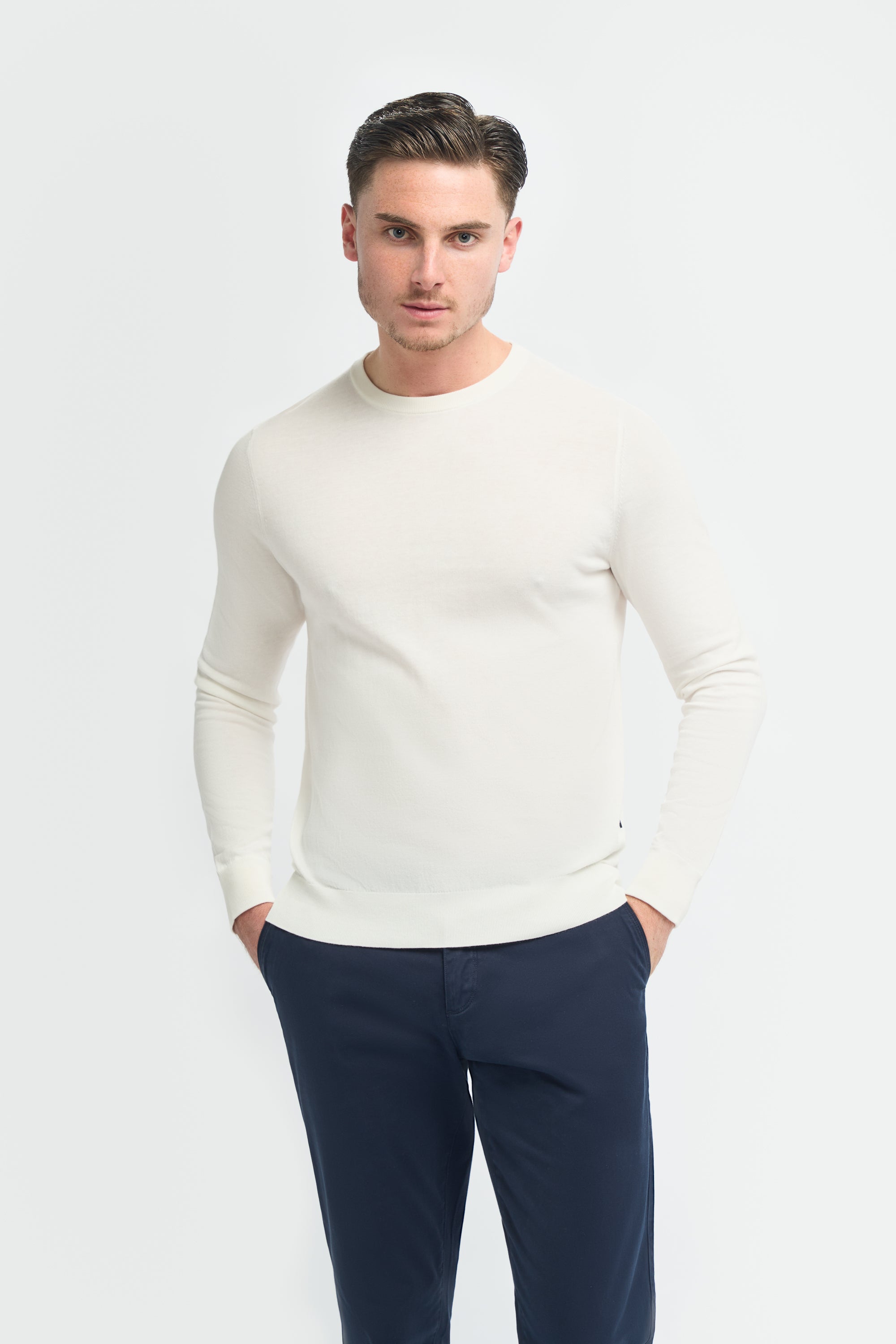 Men’s Cotton Crew Neck Knit Jumper - Savio - Ivory Model Picture