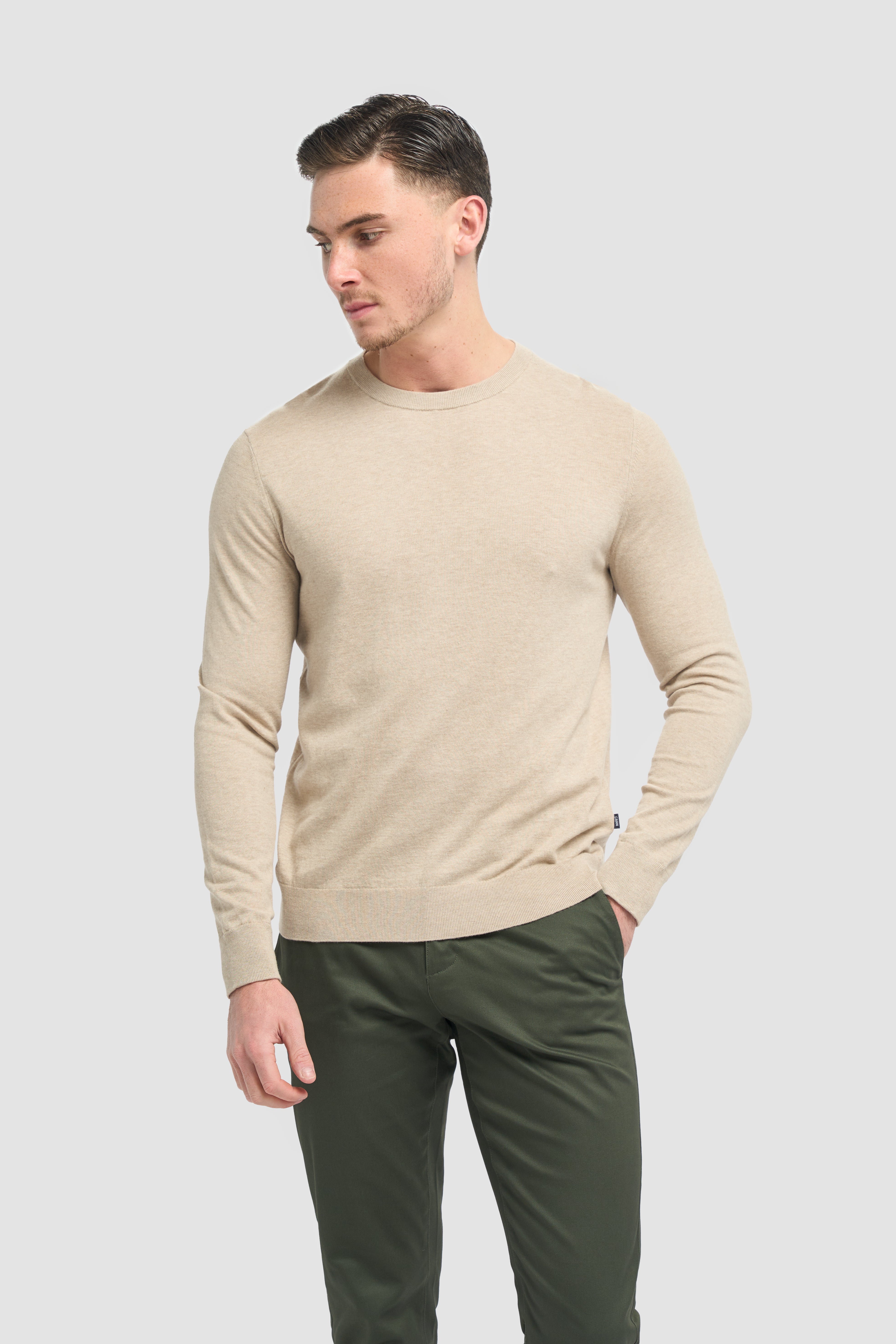 Men’s Cotton Crew Neck Knit Jumper - Savio- Sand Beige Model Picture