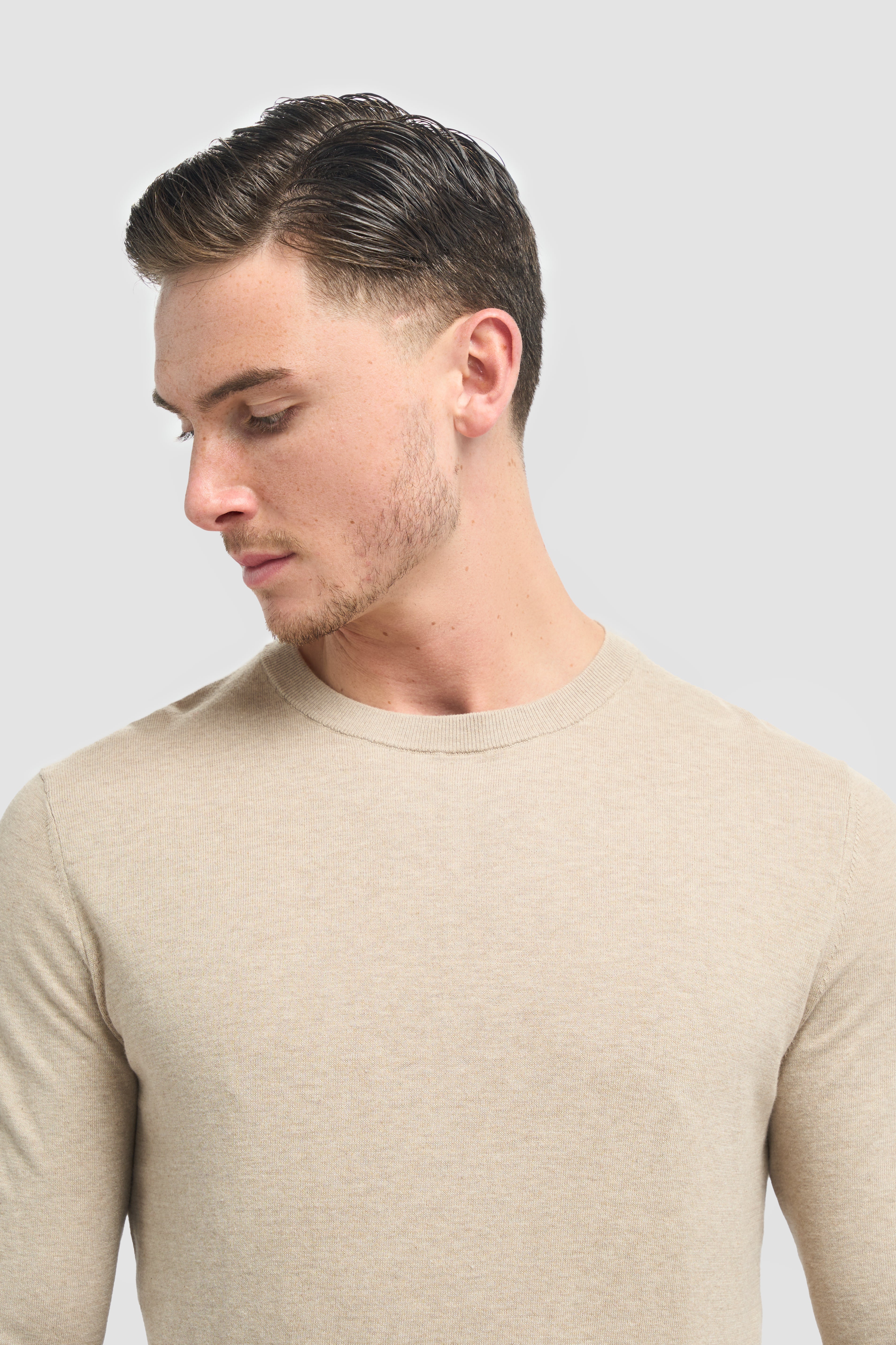 Men’s Cotton Crew Neck Knit Jumper - Savio- Sand Beige Detail Picture