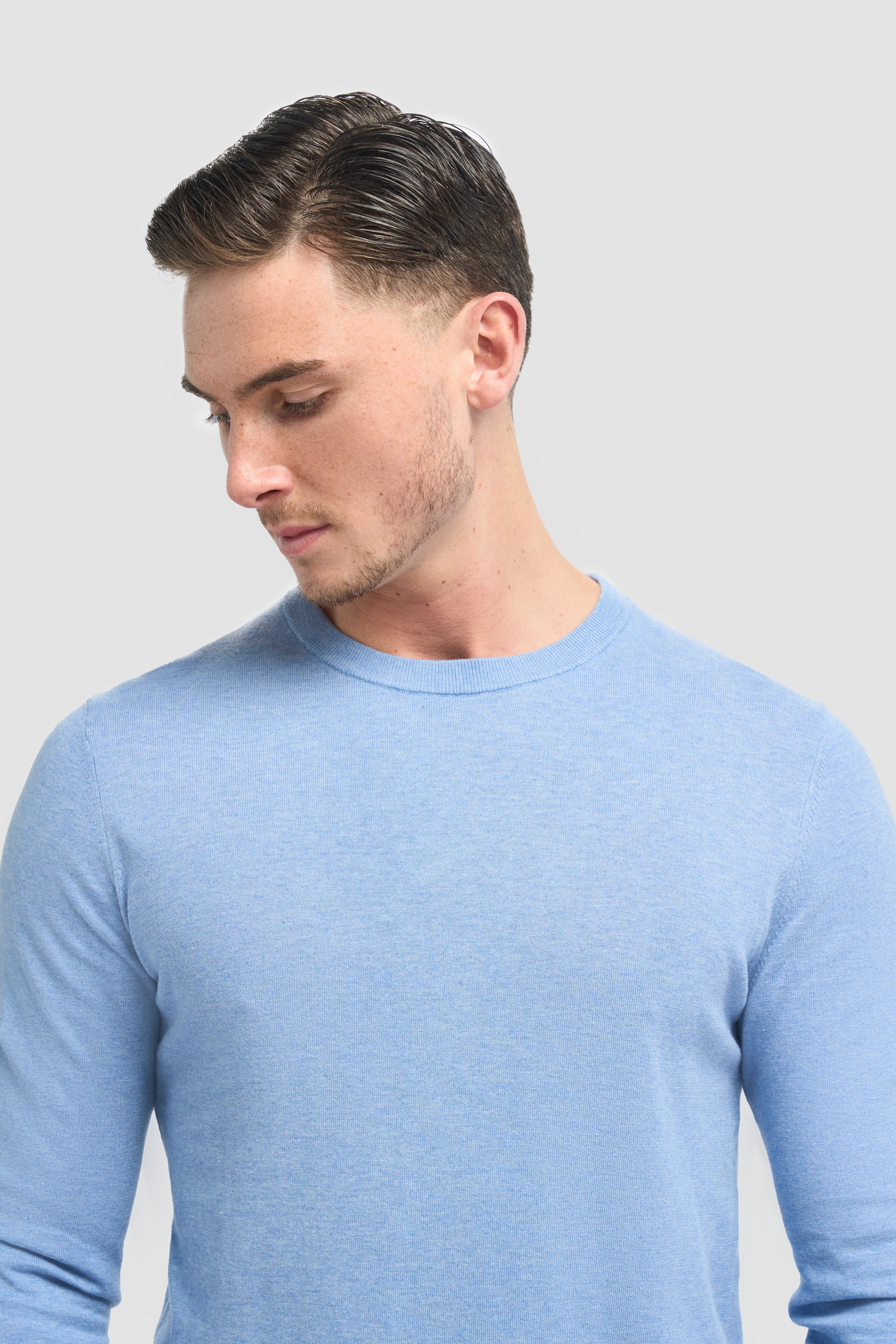 Men’s Cotton Crew Neck Knit Jumper - Savio - Sky Blue Detail Picture