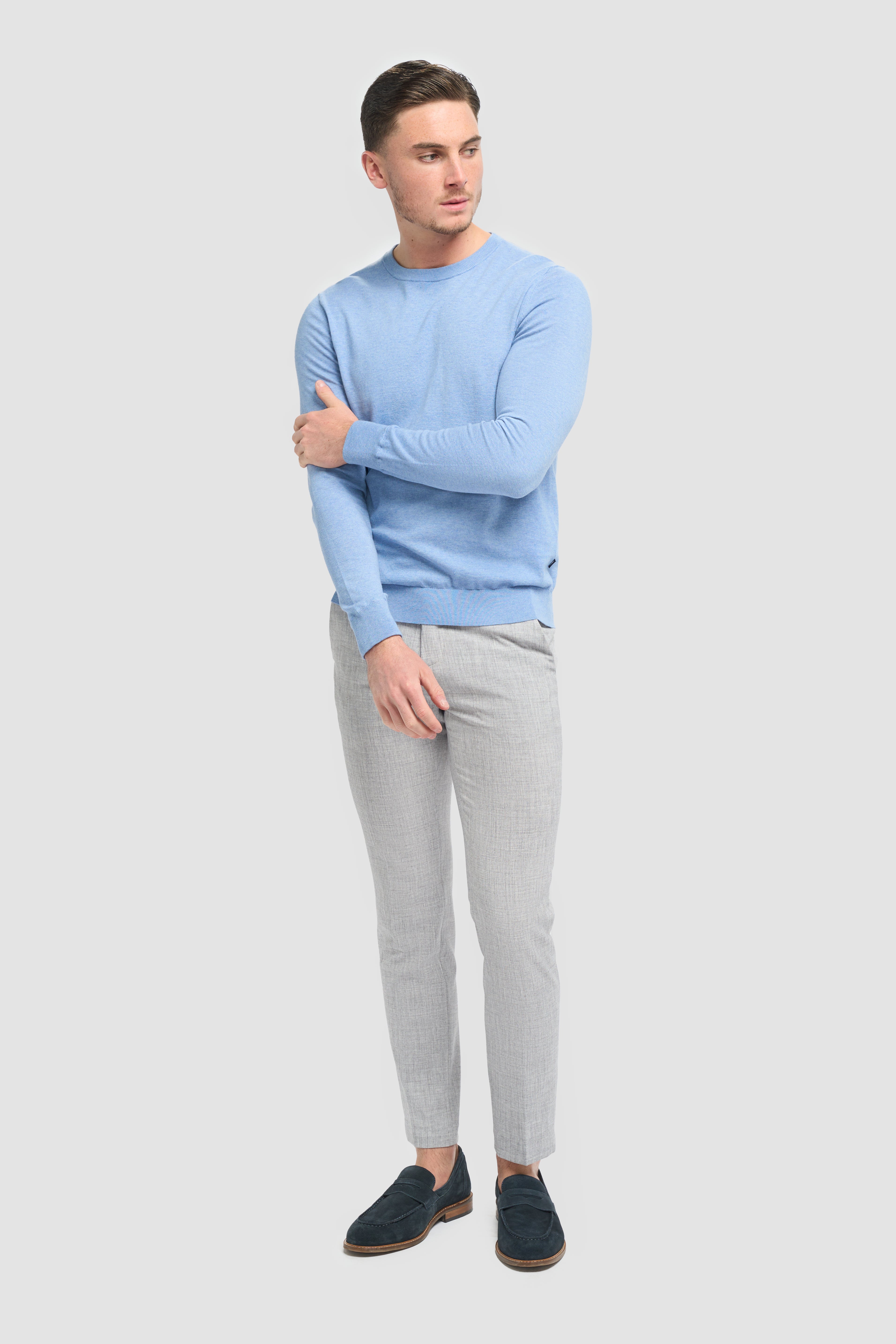 Men’s Cotton Crew Neck Knit Jumper - Savio - Sky Blue Model Front Picture