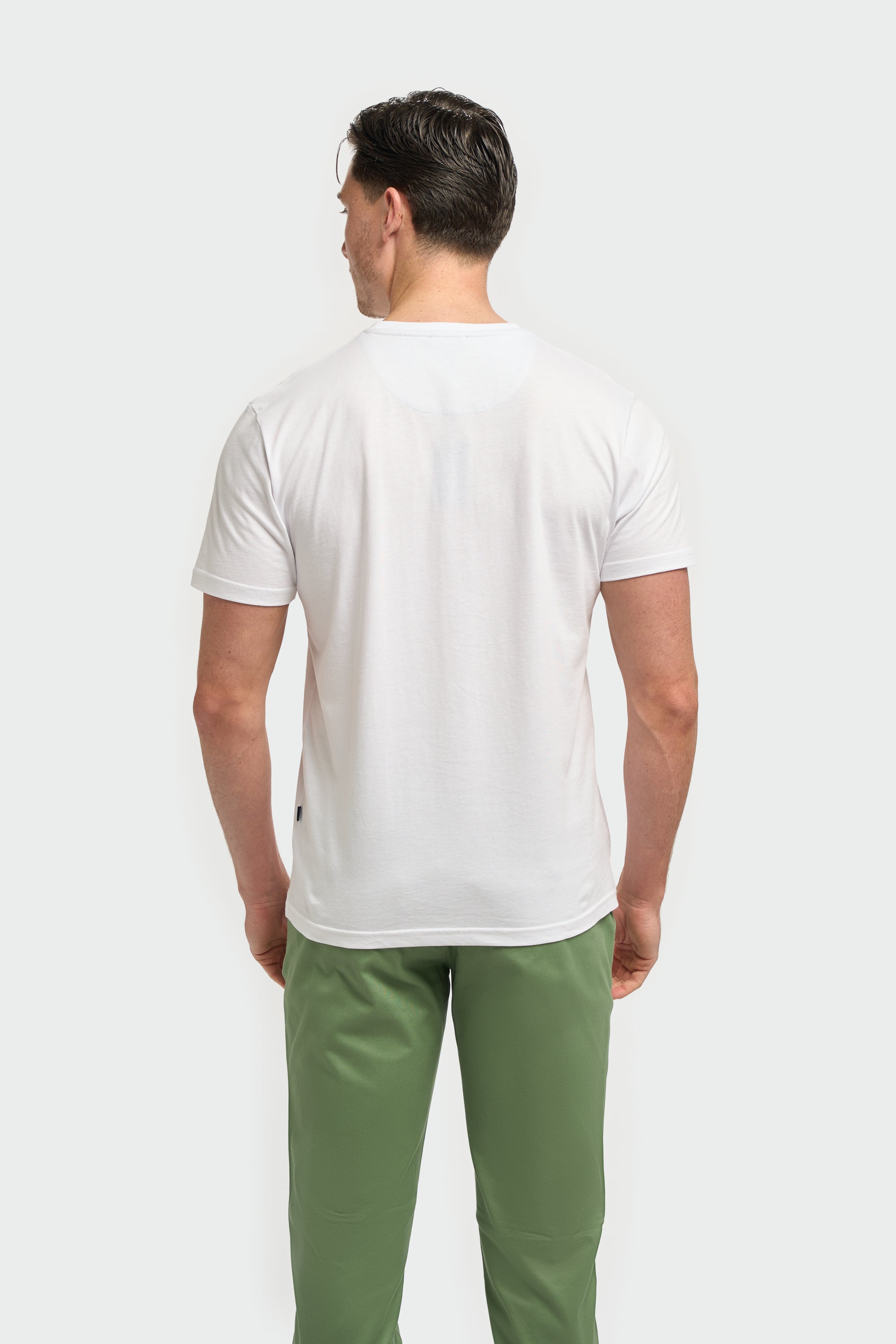 Men’s Cotton Crew Neck T-Shirt - Sanchez - White Model Back Picture