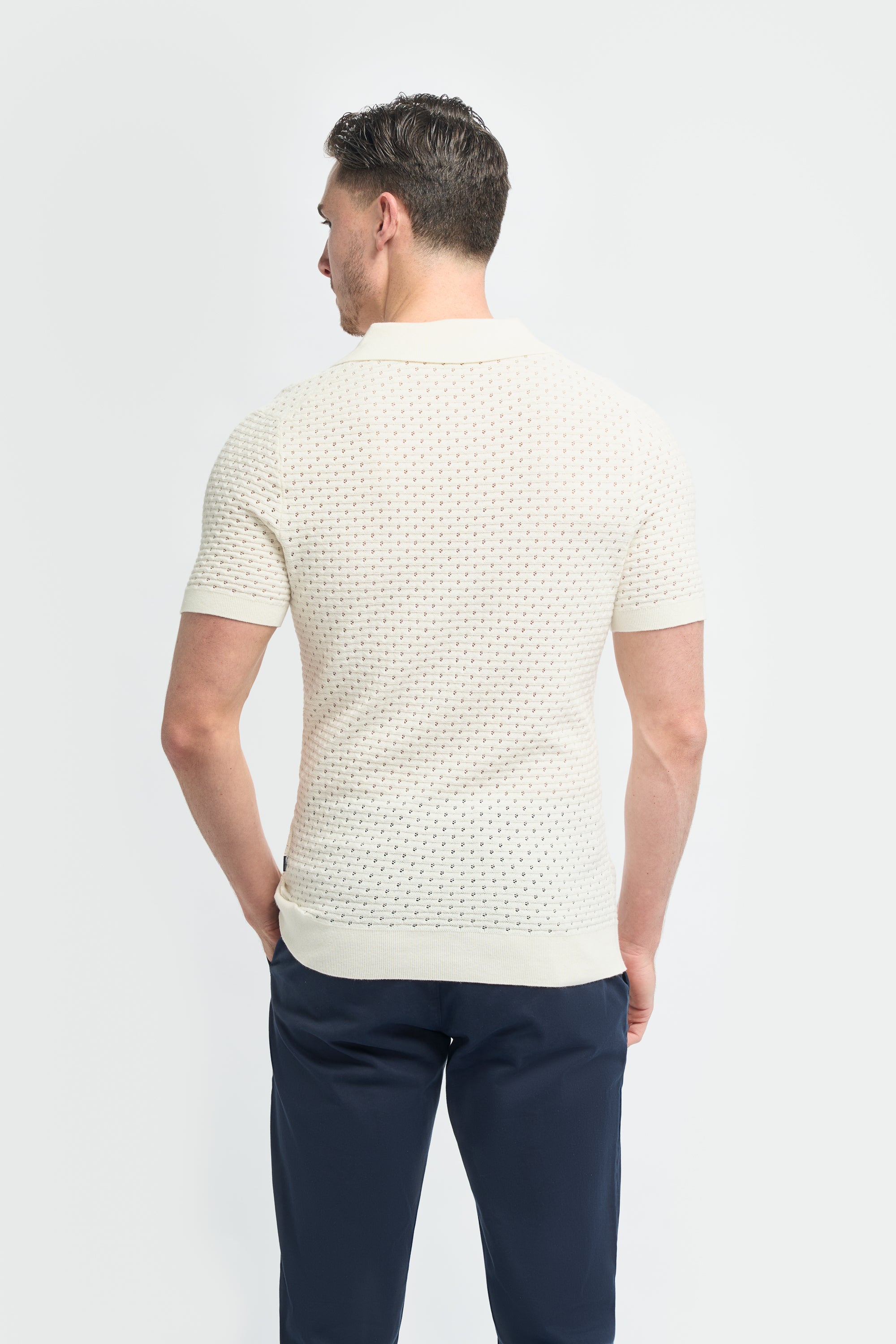 Men’s Cotton Knit V-Neck Polo Shirt - Axel - Ivory Model Back Picture