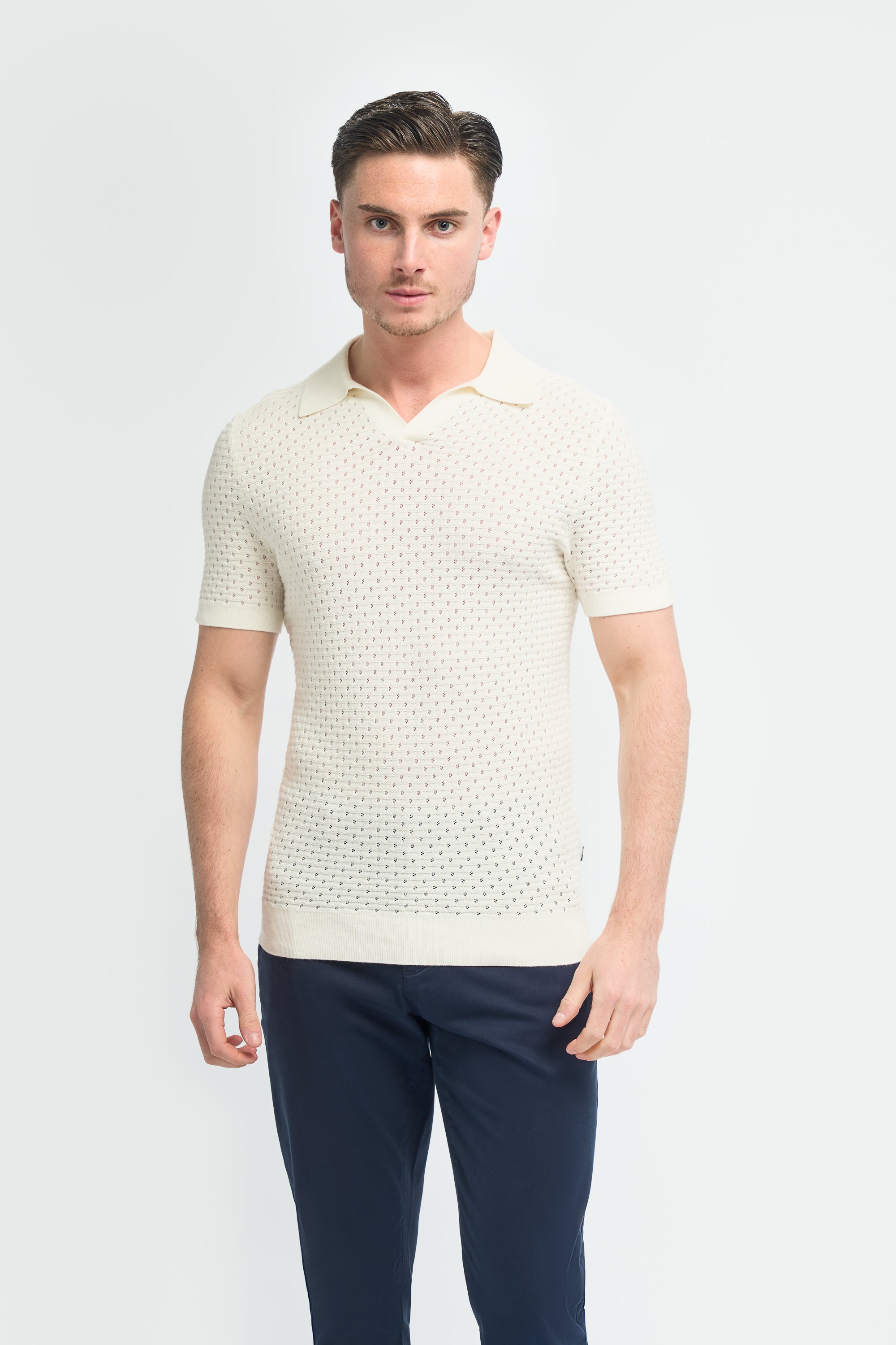 Men’s Cotton Knit V-Neck Polo Shirt - Axel - Ivory Model Picture