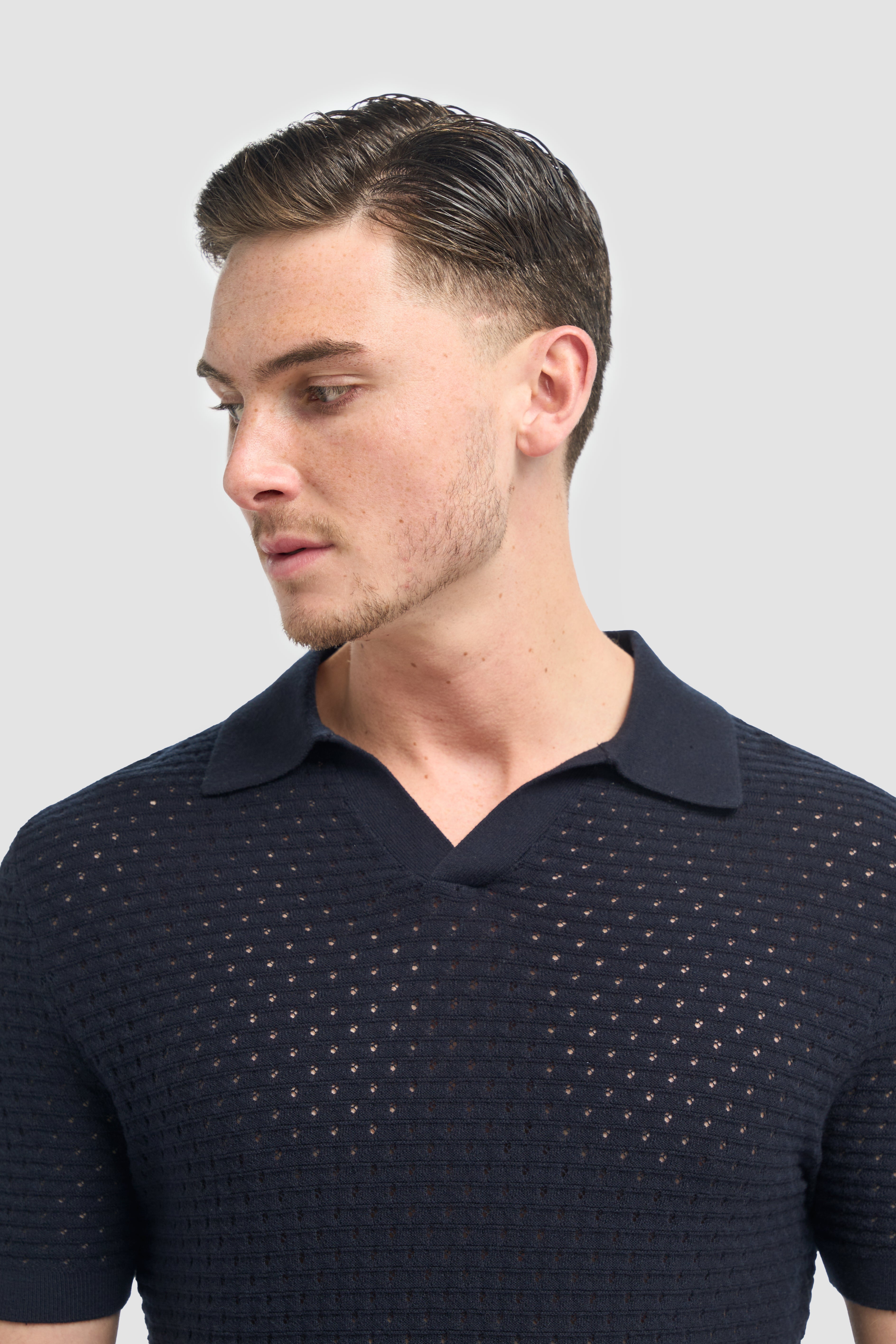 Men’s Cotton Knit V-Neck Polo Shirt - Axel - Navy Detail Picture