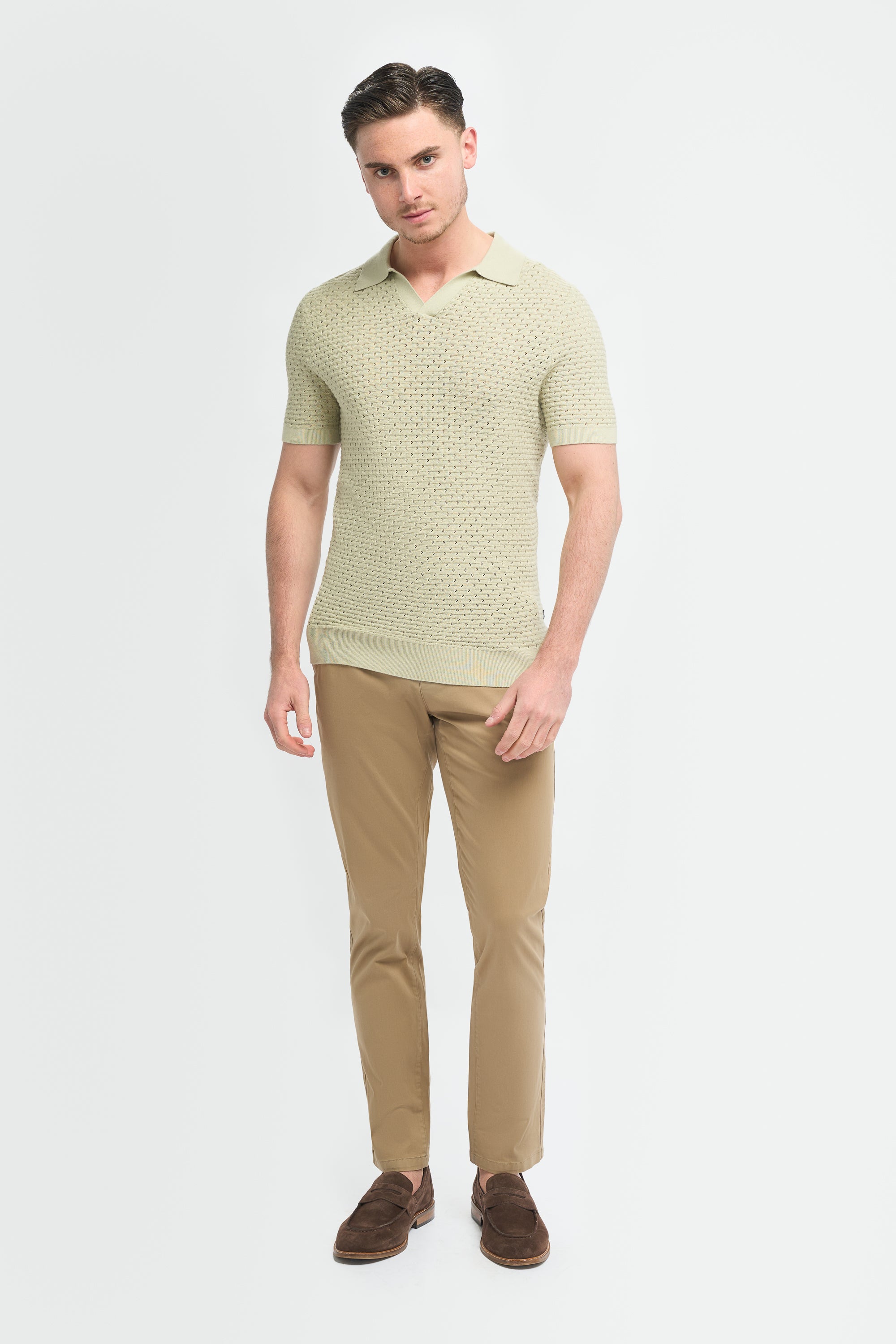 Men’s Cotton Knit V-Neck Polo Shirt - Axel - Sage Green Modle Front Picture