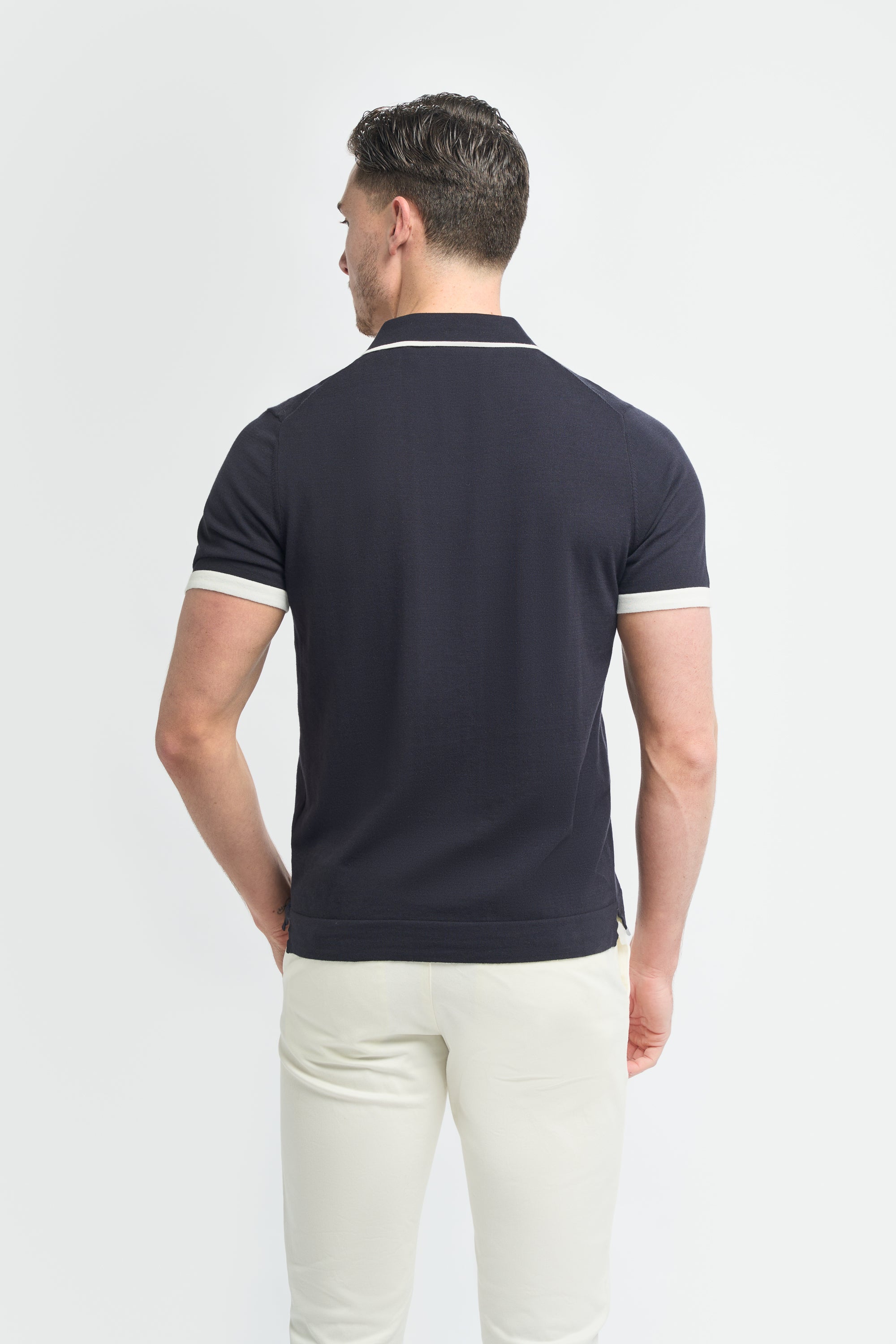 Men’s Cotton Knit V-Neck Polo Shirt with Tipped Trim - Enrico - Navy Back Picture