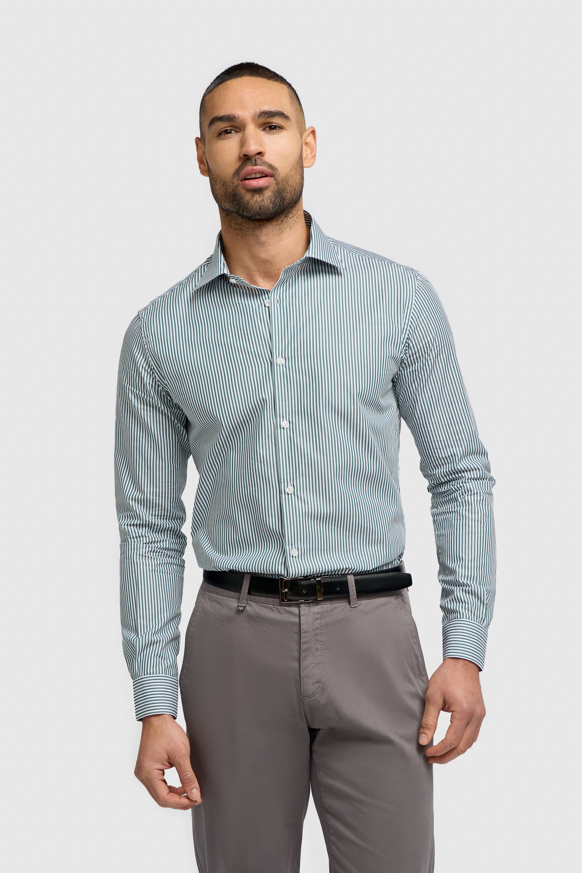 Men’s Cotton Pinstripe Long Sleeve Shirt - Argiro - Forest Green Modle Picture