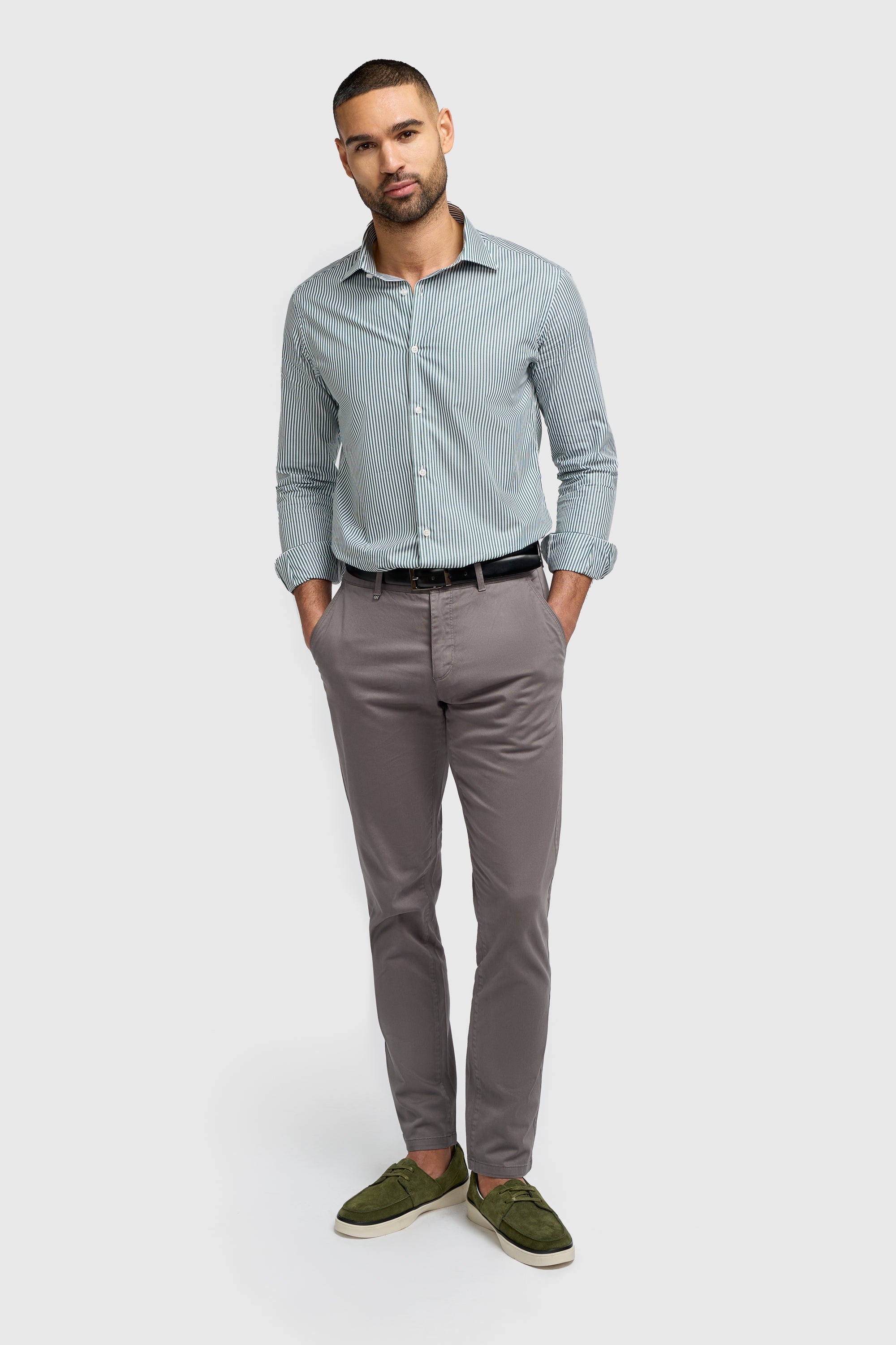Men’s Cotton Pinstripe Long Sleeve Shirt - Argiro - Forest Green Front Picture