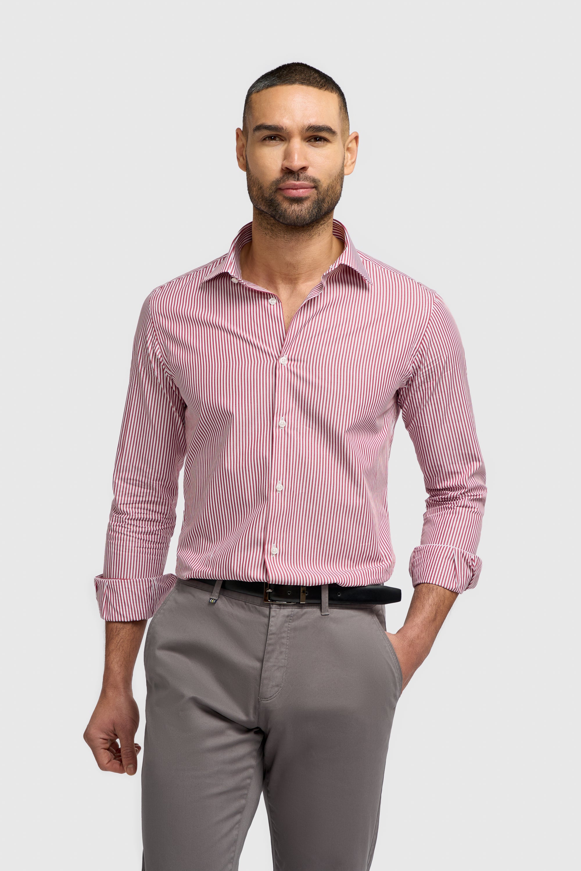 Men’s Cotton Pinstripe Long Sleeve Shirt - Argiro -  Red Model Picture
