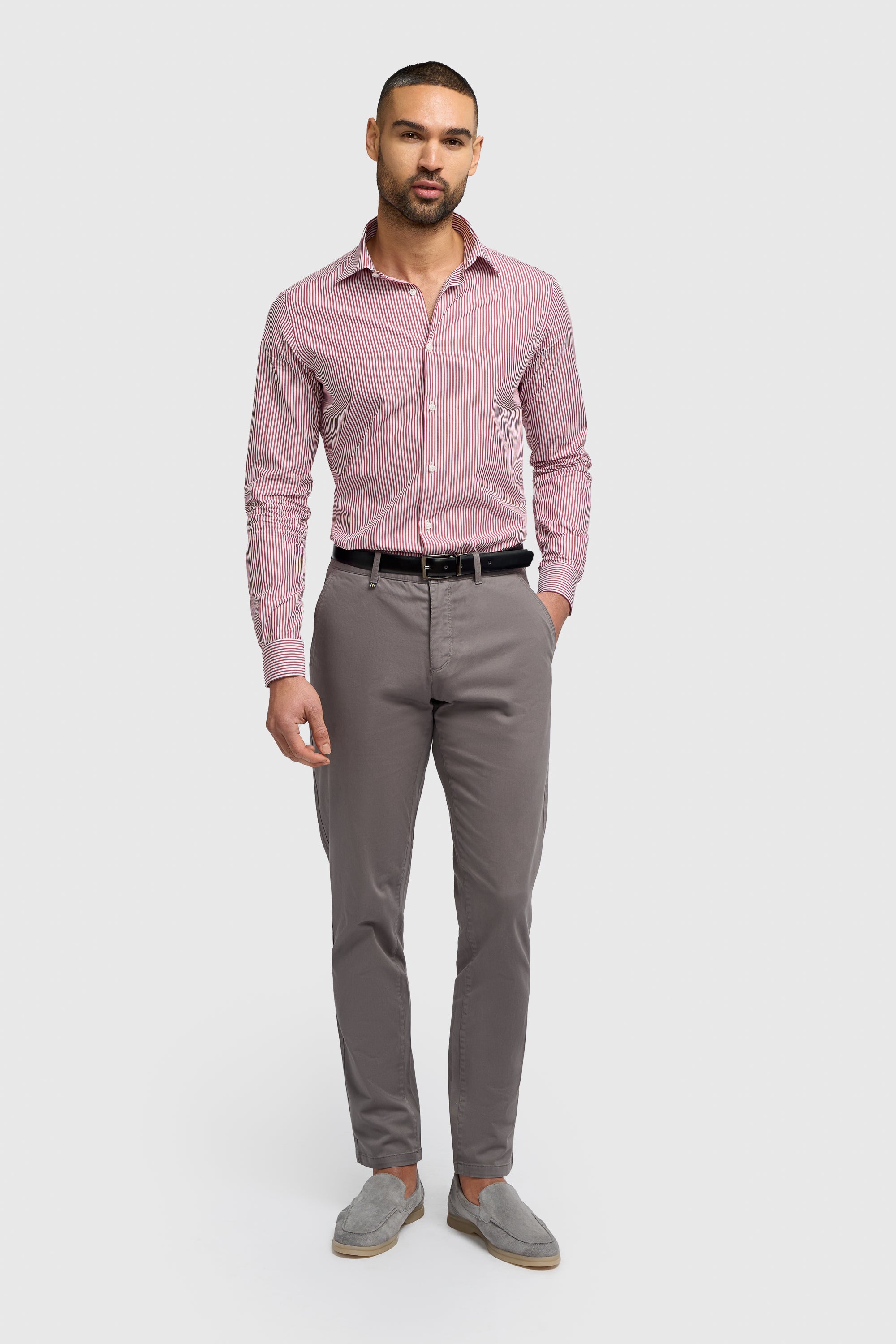 Men’s Cotton Pinstripe Long Sleeve Shirt - Argiro -  Red Model Front Picture