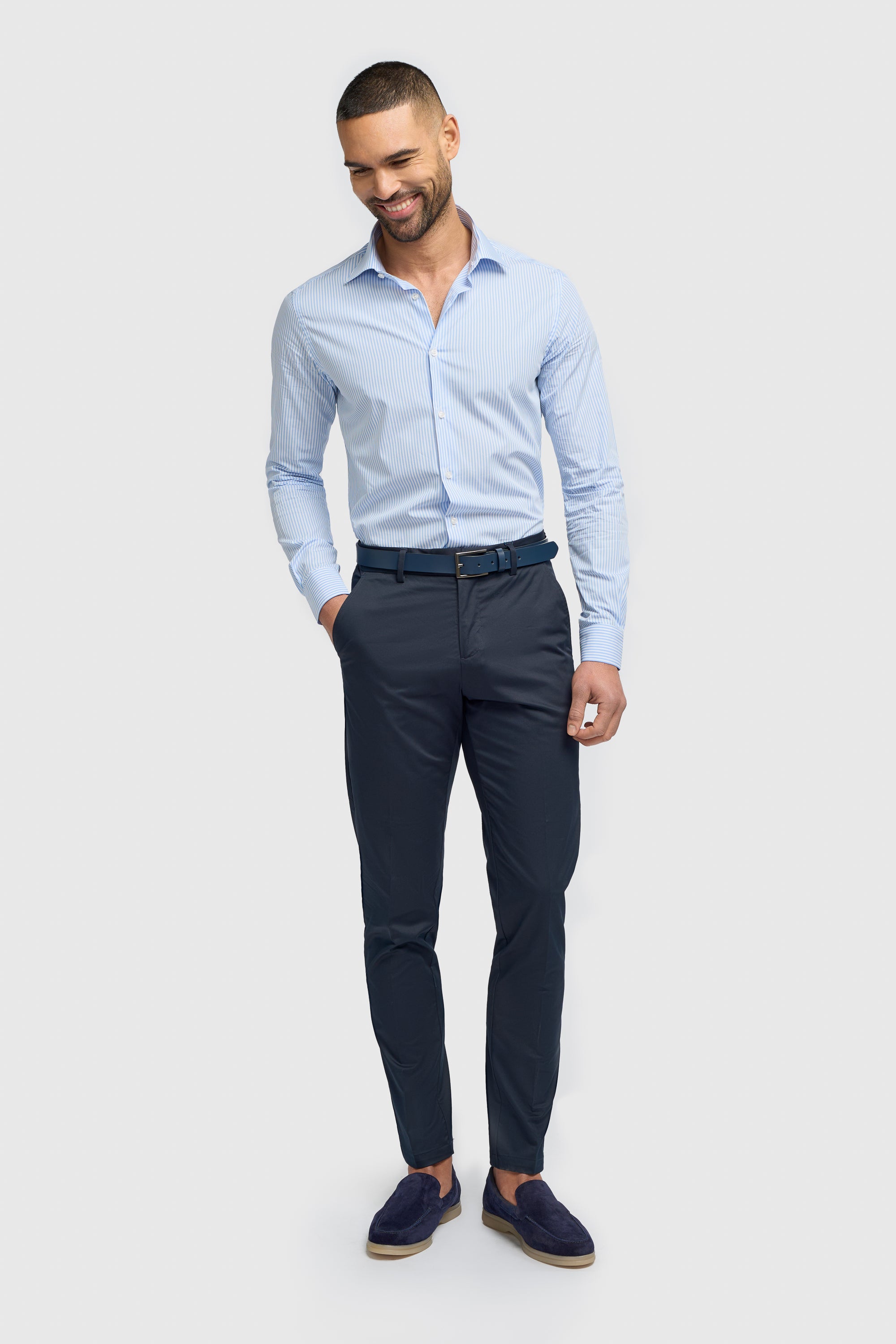 Men’s Cotton Pinstripe Long Sleeve Shirt - Argiro - Sky Blue Modle Front Picture