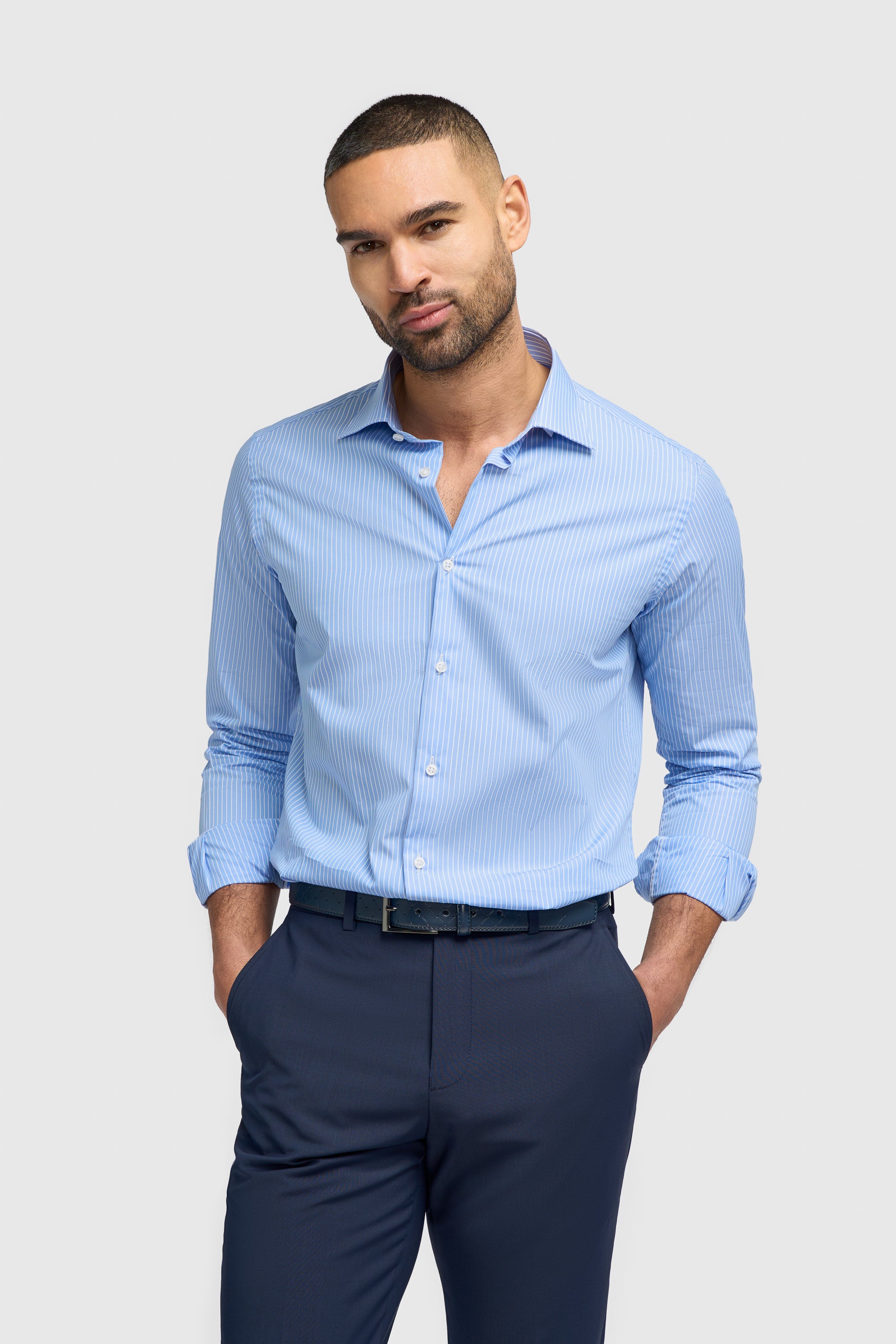 Men’s Cotton Pinstripe Long Sleeve Shirt - Murat - Light Blue mODEL pICTURE