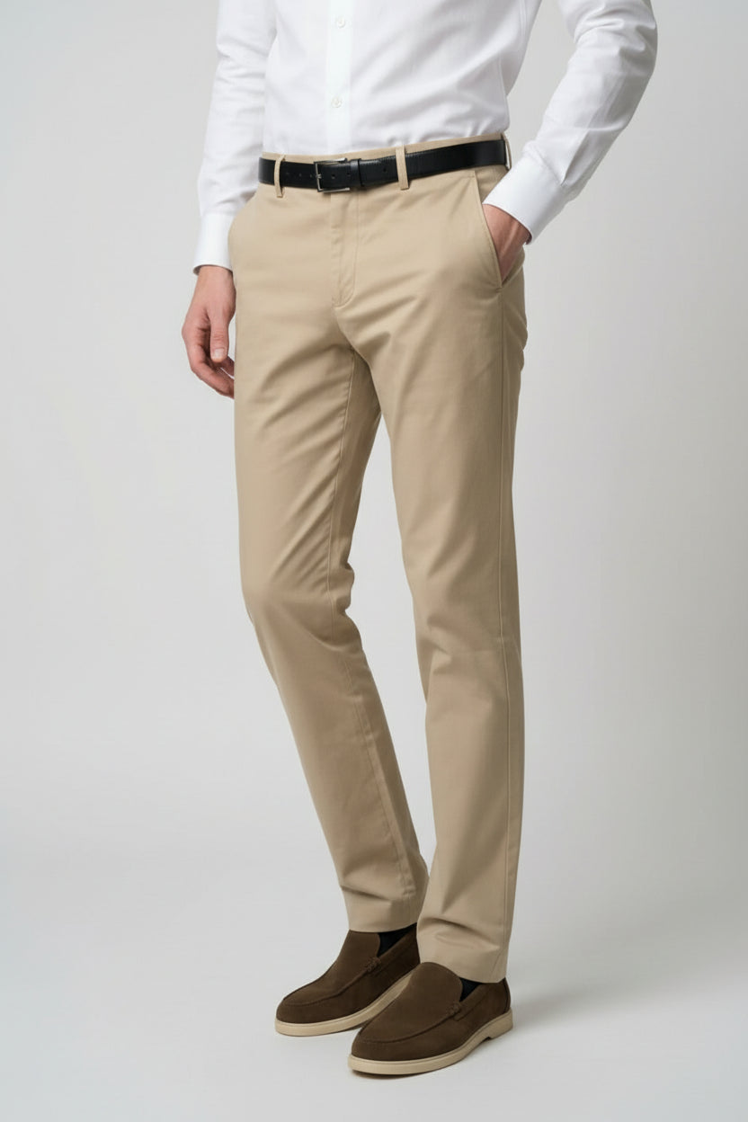 Men’s Cotton Regular Fit Chino Trousers - Zack - Beige Front Picture