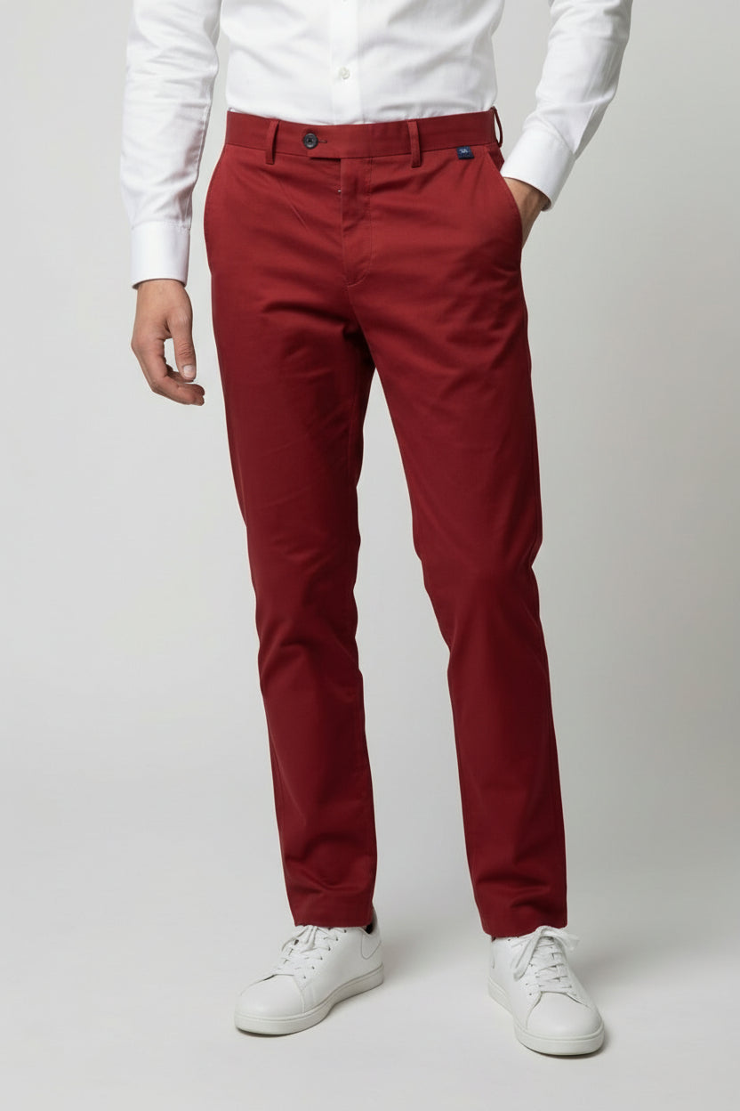 Men’s Cotton Regular Fit Chino Trousers - Zack - Burgundy Front Picture