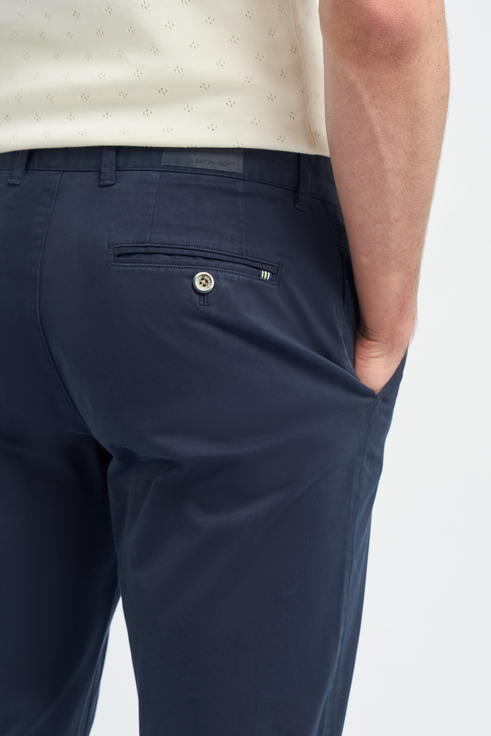 Men’s Cotton Slim Fit Chino Trousers - Hudson - Navy Trousers Back Detail Picture