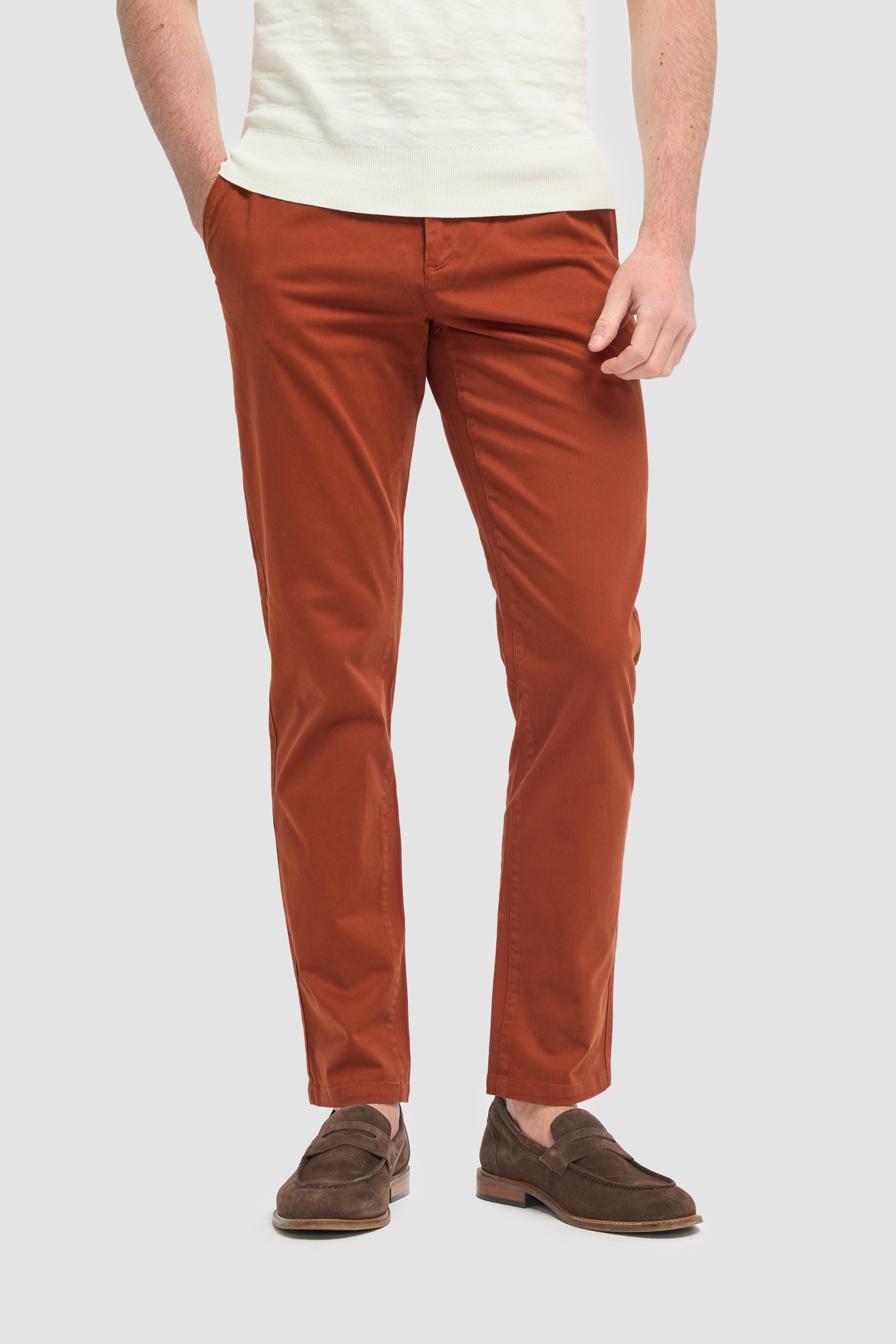 Men’s Cotton Slim Fit Chino Trousers - Hudson - Rust Trousers Picture