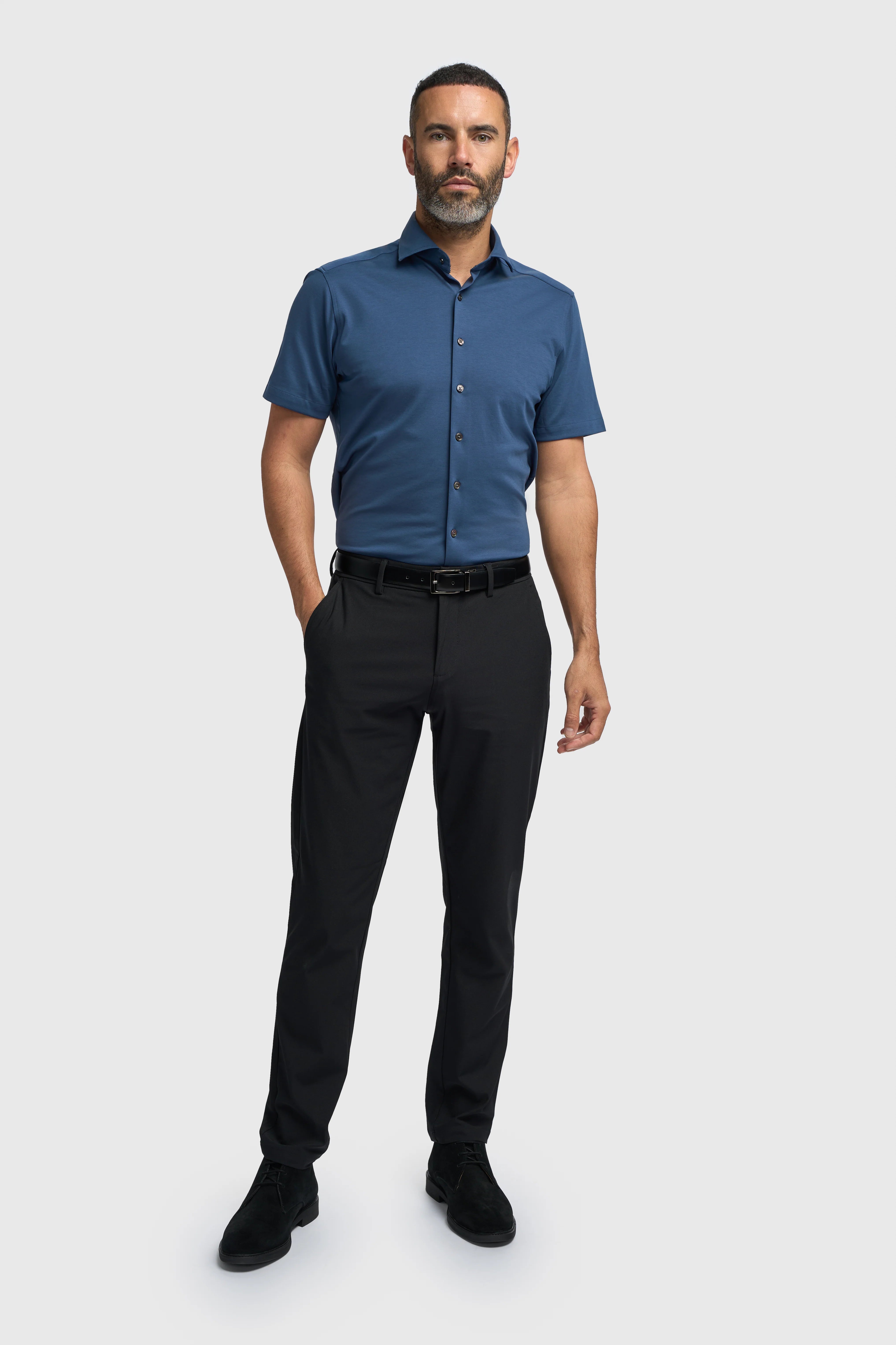 Men's Cotton Slim Fit Short Sleeve Shirt - Ashley - Blue Model Front Picture