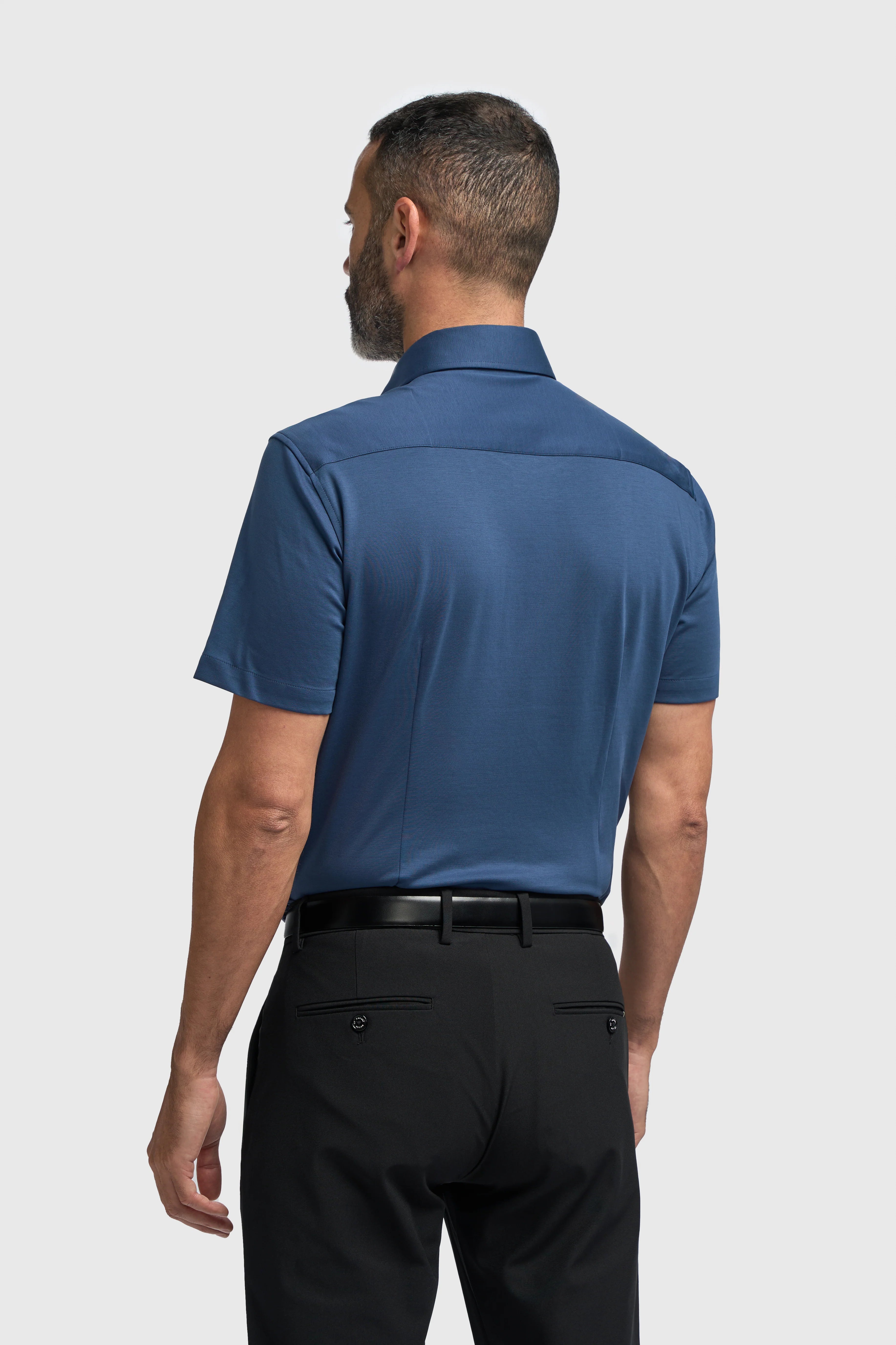 Men's Cotton Slim Fit Short Sleeve Shirt - Ashley - Blue Model Back Picture