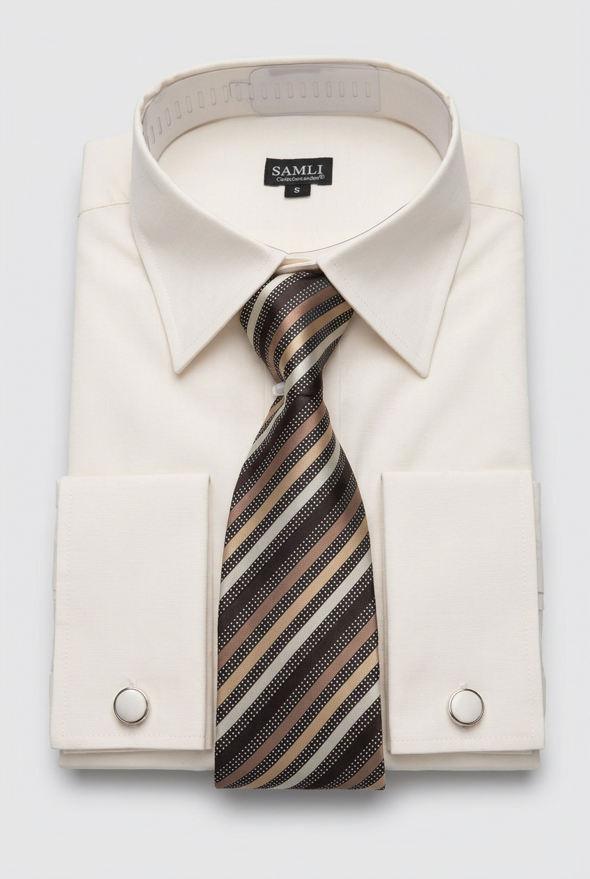 Men’s Cream Formal Shirt Set with Striped Tie and Cufflinks