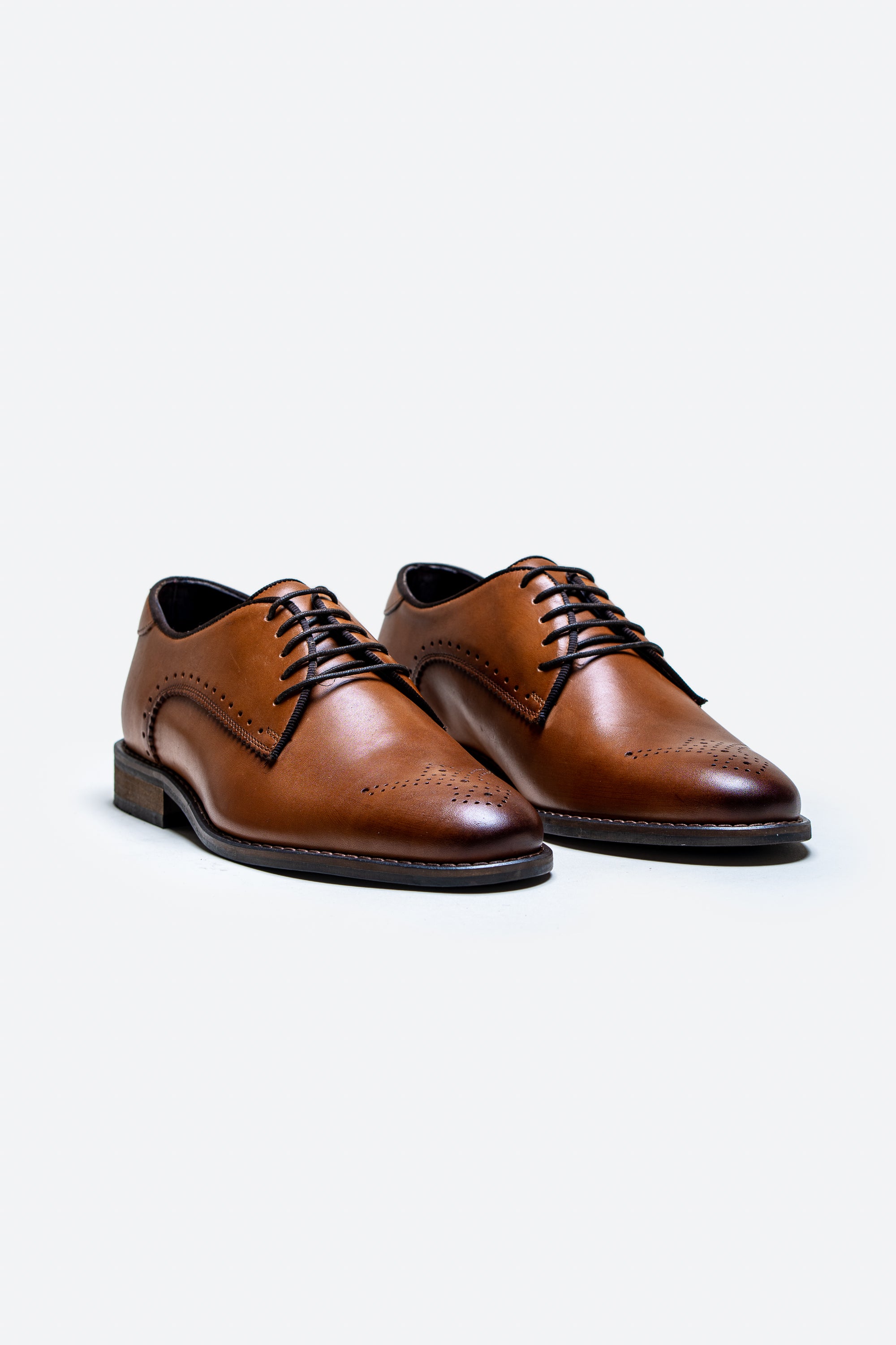 Men's Derby Lace Up Leather Brogue Dress Shoes - MADRID - Tan Brown Pair Side Picture