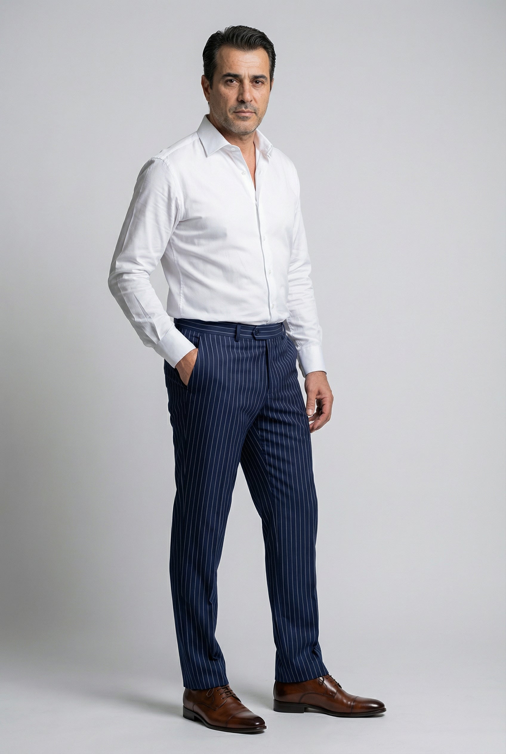 Men’s Double Breasted Pinstripe Suit Trousers - EVAN NAVY Model Front Picture
