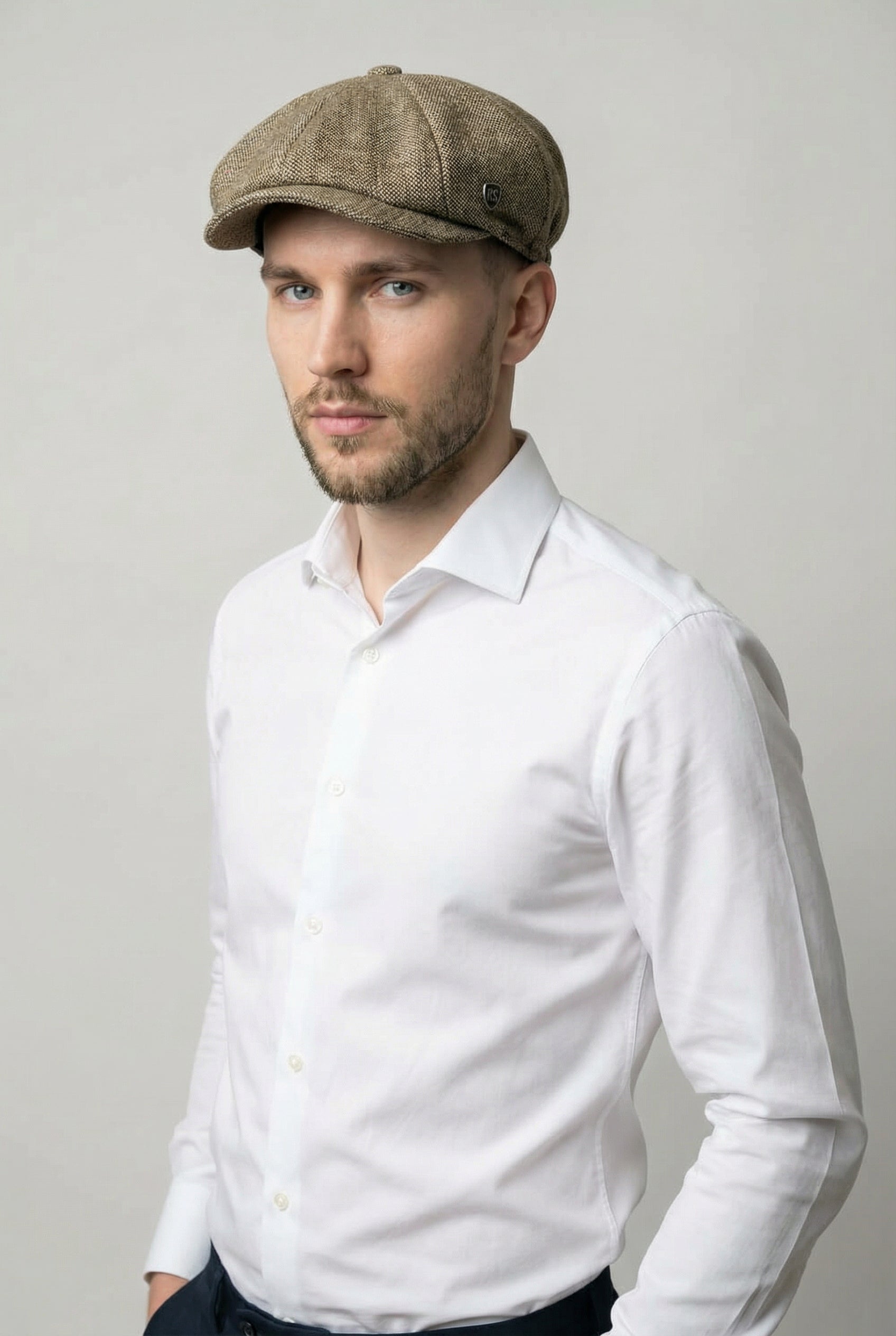 Men’s Heritage Tweed Windowpane Check Baker Boy Cap - Liam - Beige Model Picture