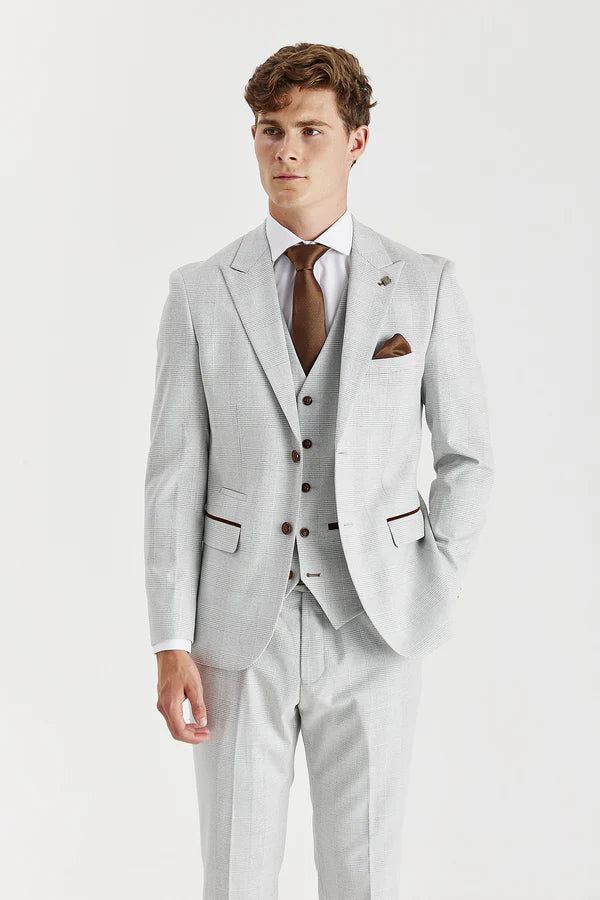 Men's Herringbone Check Suit Tailored Fit Suit - MARK STONE - Stone Beige