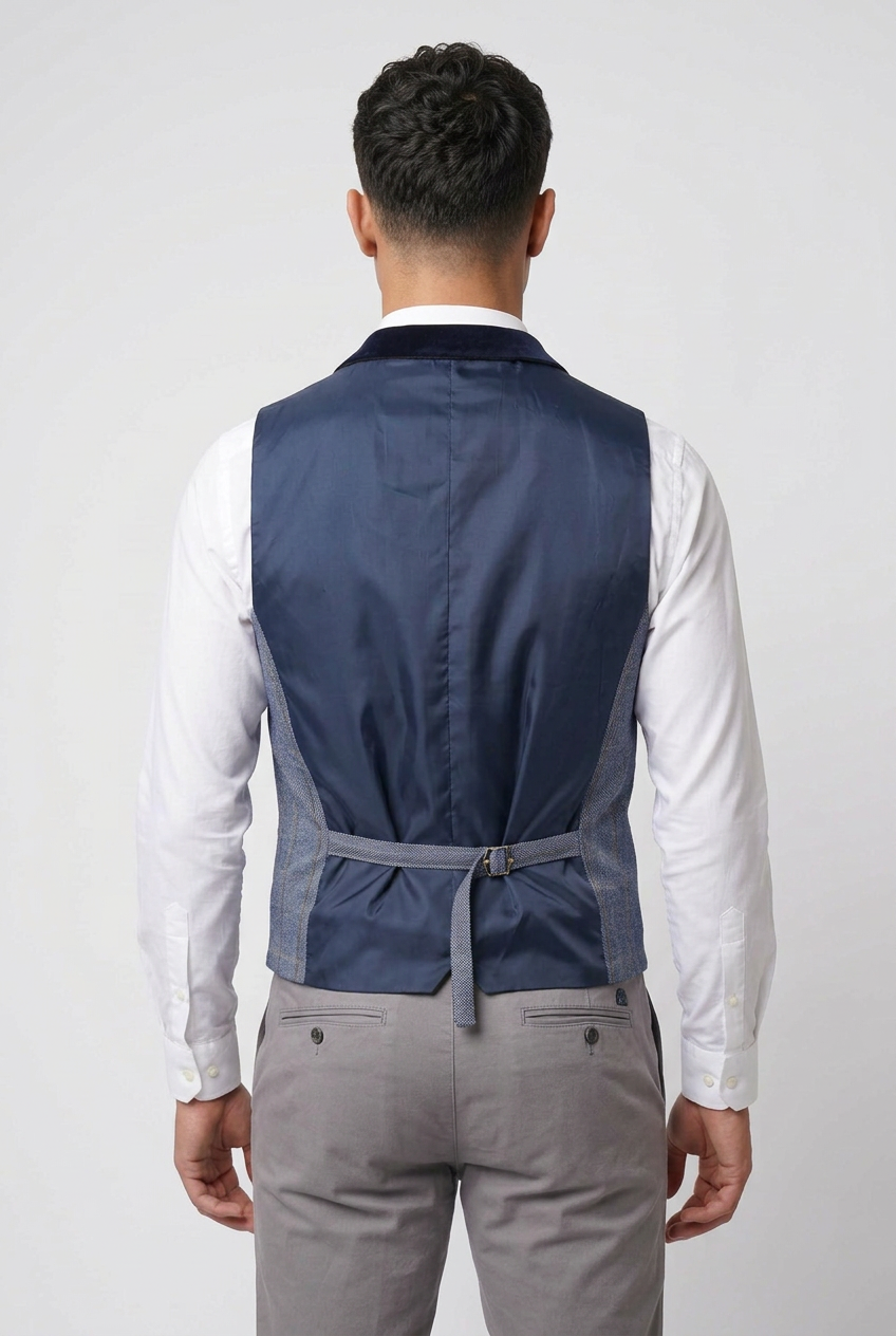Men’s Herringbone Check Waistcoat - Style Connal Blue