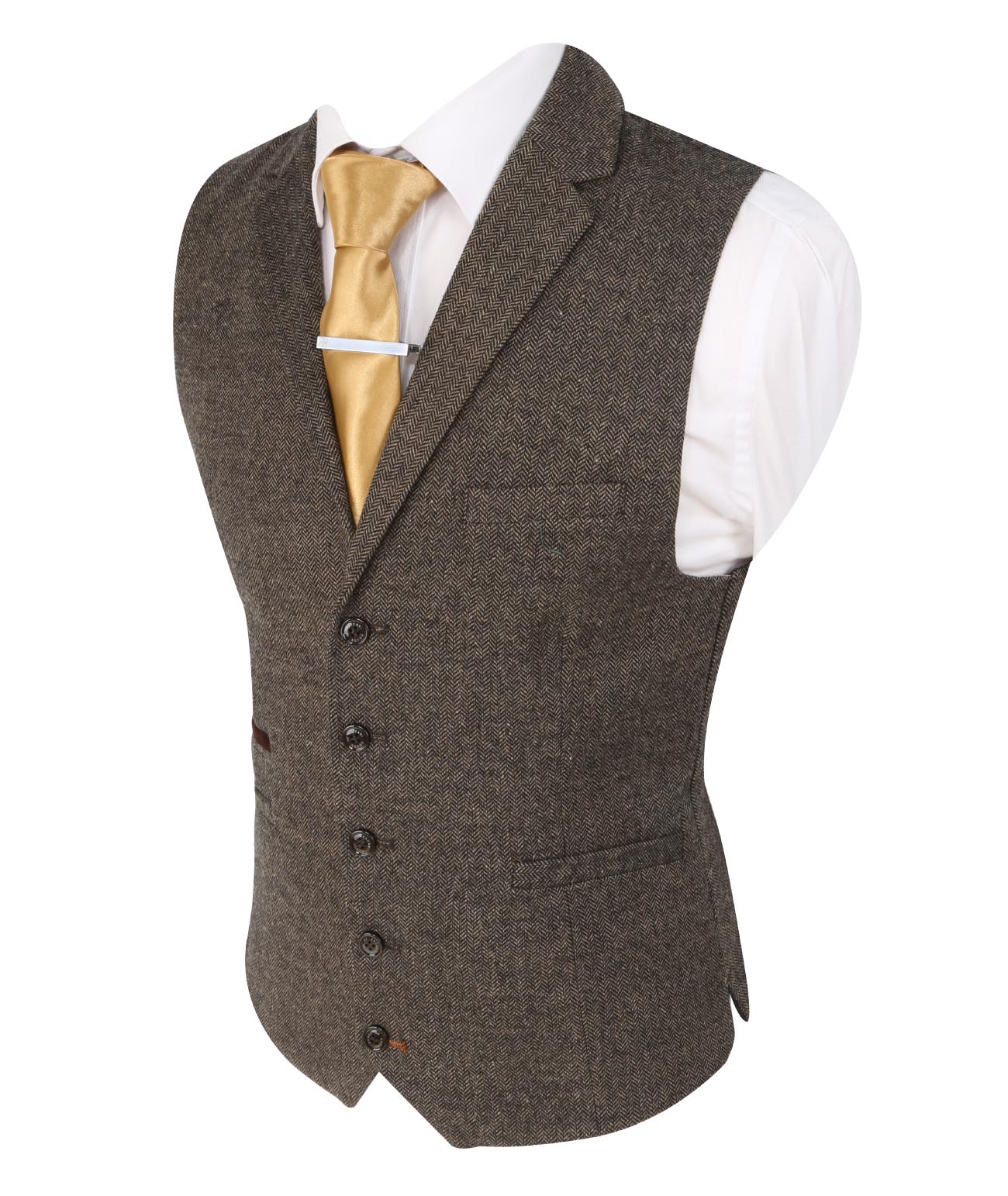 Men's Herringbone Tweed Slim Fit Waistcoat - MARTEZ - Brown Side Picture