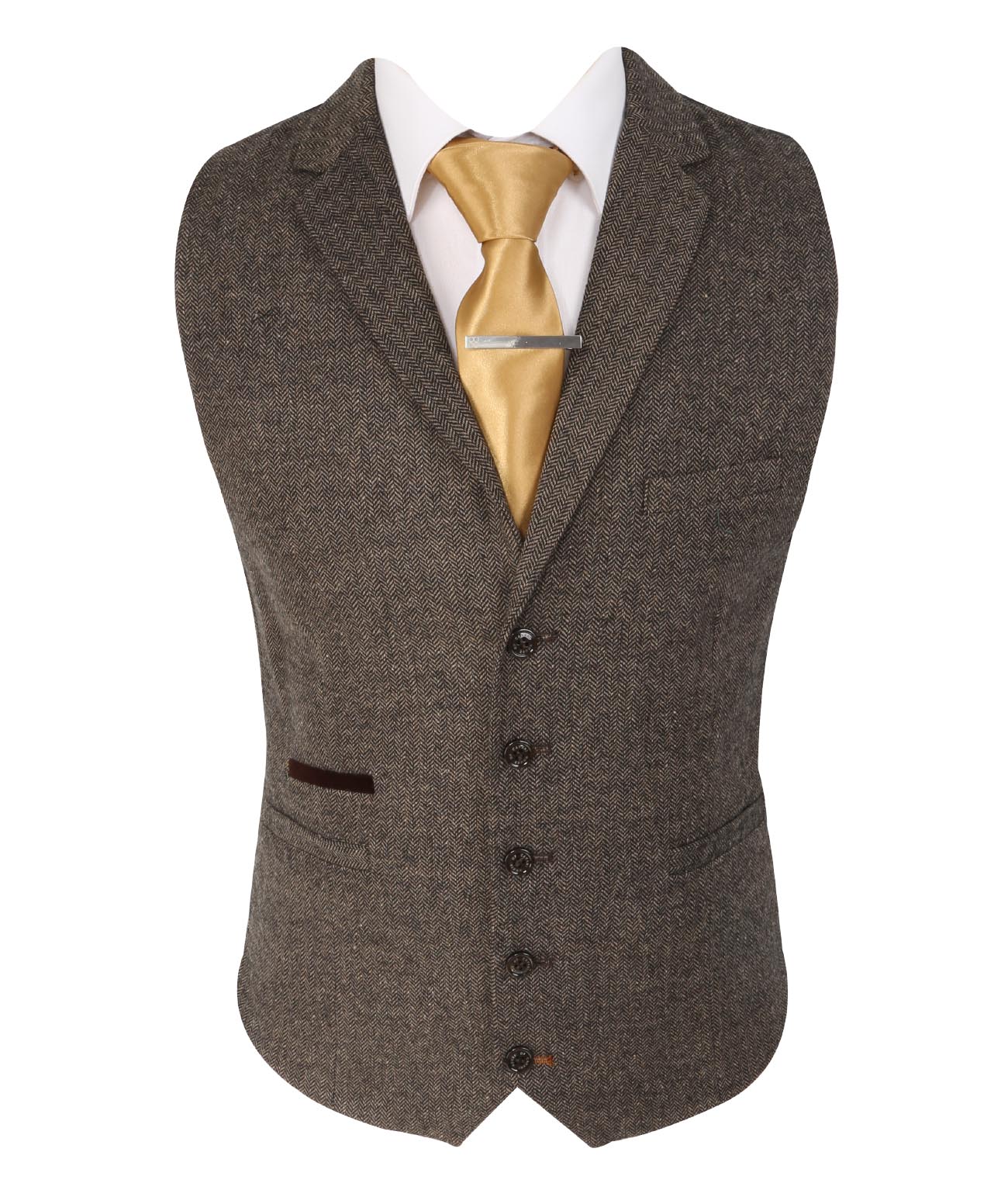 Men's Herringbone Tweed Slim Fit Waistcoat - MARTEZ - Brown Front Picture