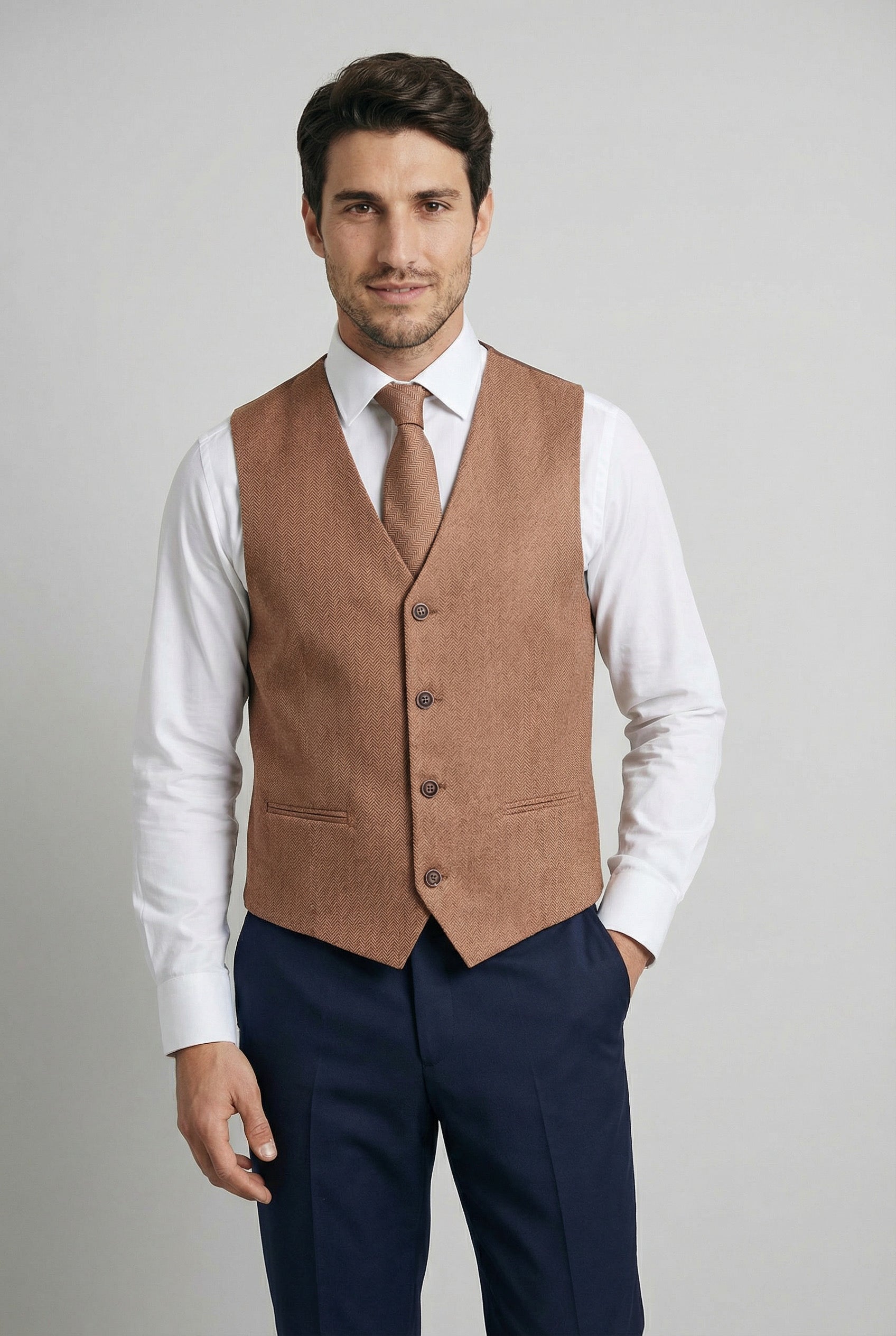Men’s Herringbone Waistcoat Set - Cinnamon Brown Front Picture