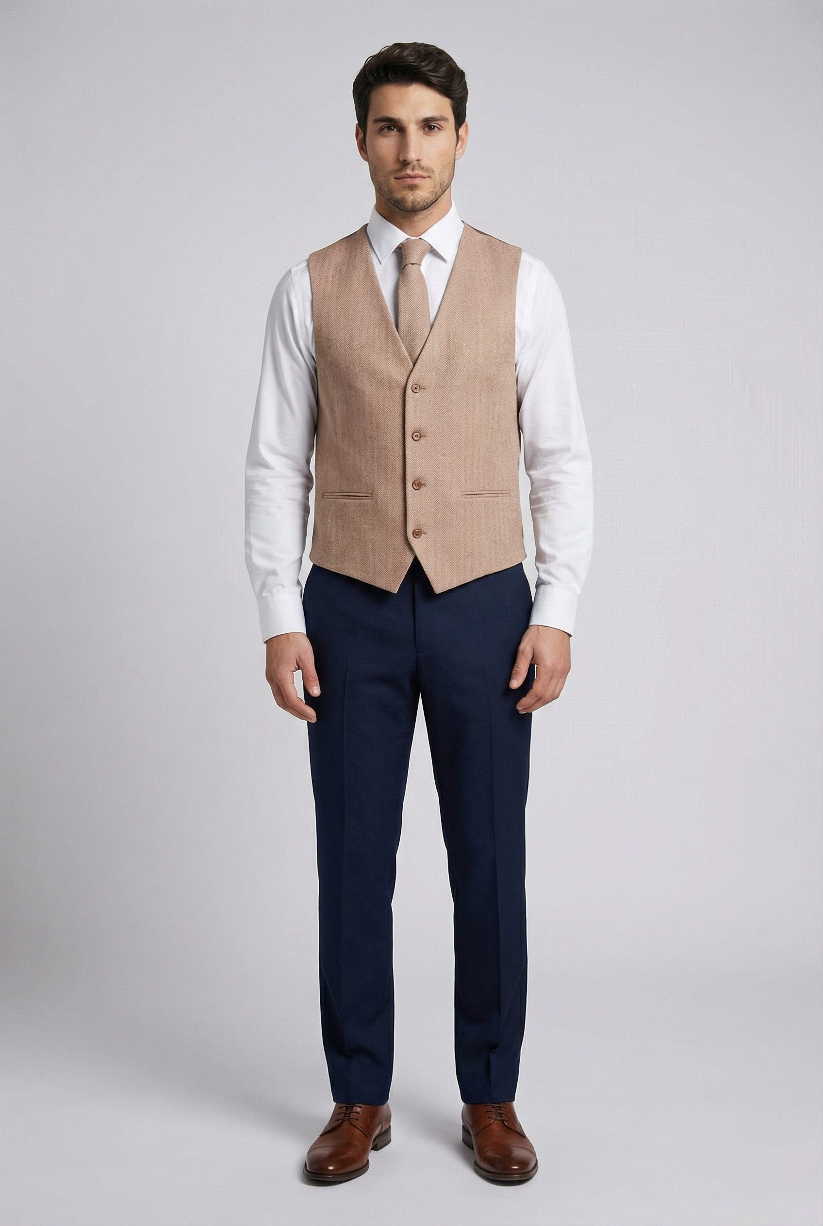 Men’s Herringbone Waistcoat Set - Tan Brown Front Picture