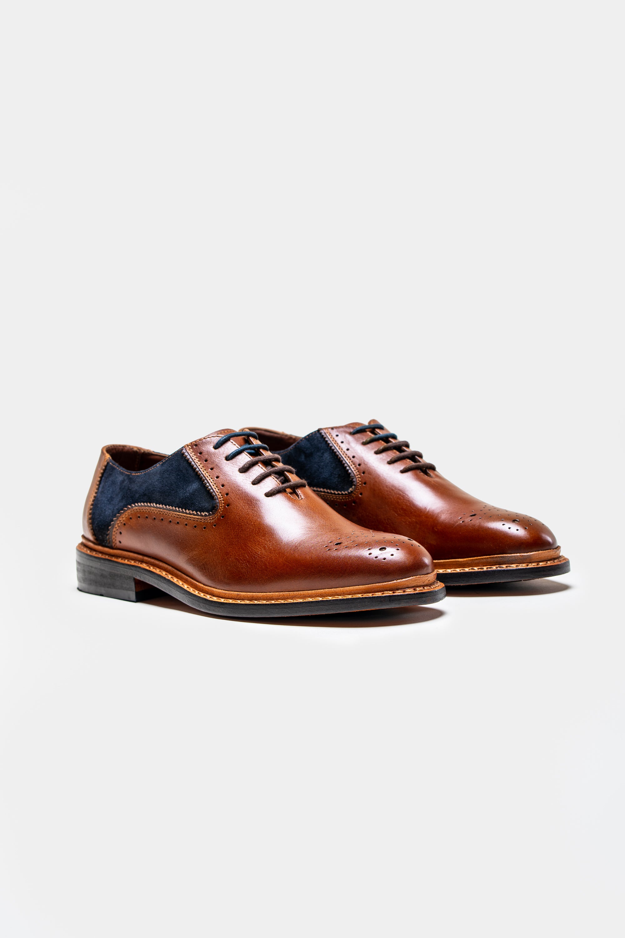 Men's Lace Up Suede & Leather Dress Shoes - BRENTWOOD - Tan With Navy Blue Pair Side Picture