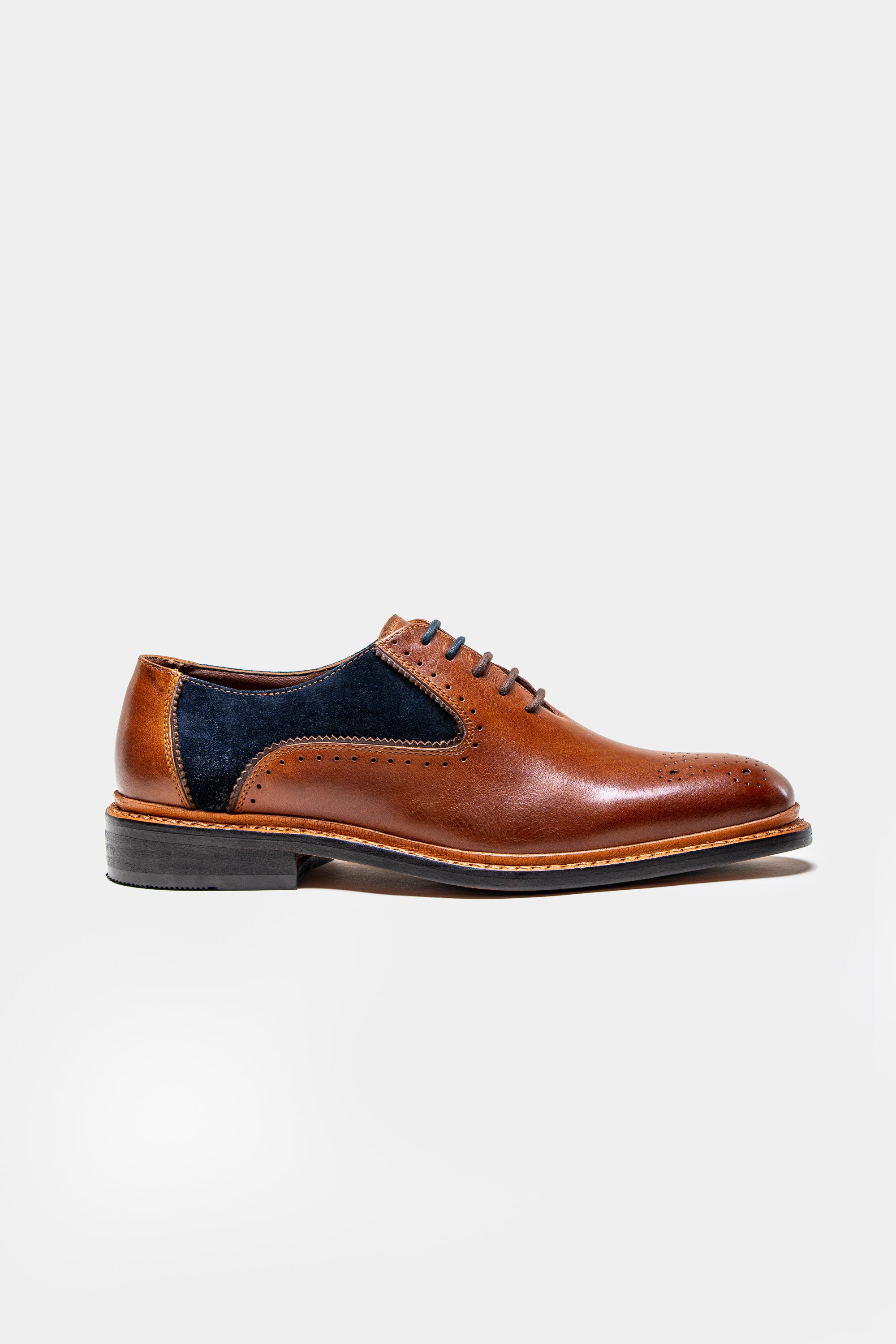 Men's Lace Up Suede & Leather Dress Shoes - BRENTWOOD - Tan With Navy Blue Side Picture
