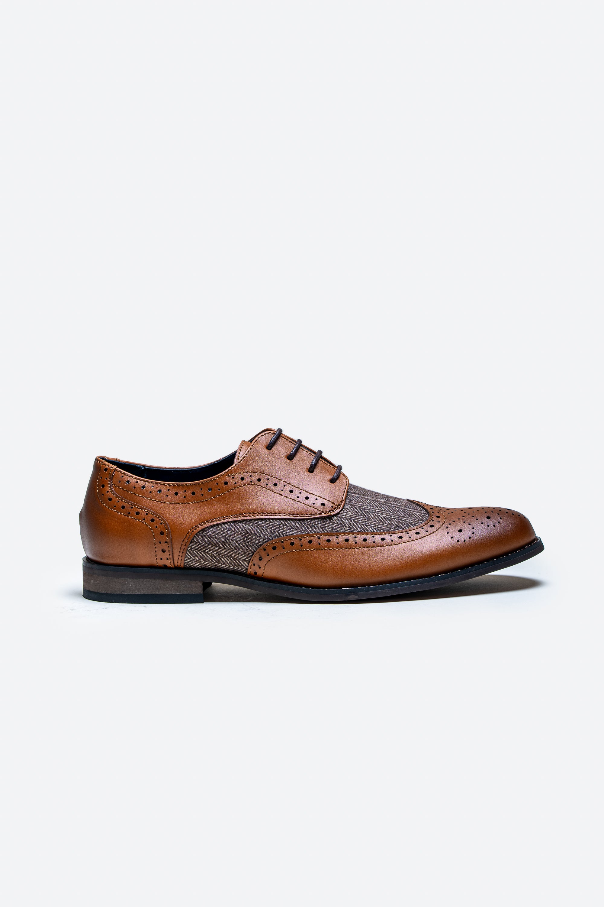 Men's Leather Tweed Retro Derby Brogue Shoes - Oliver - Tan Brown Side Picture