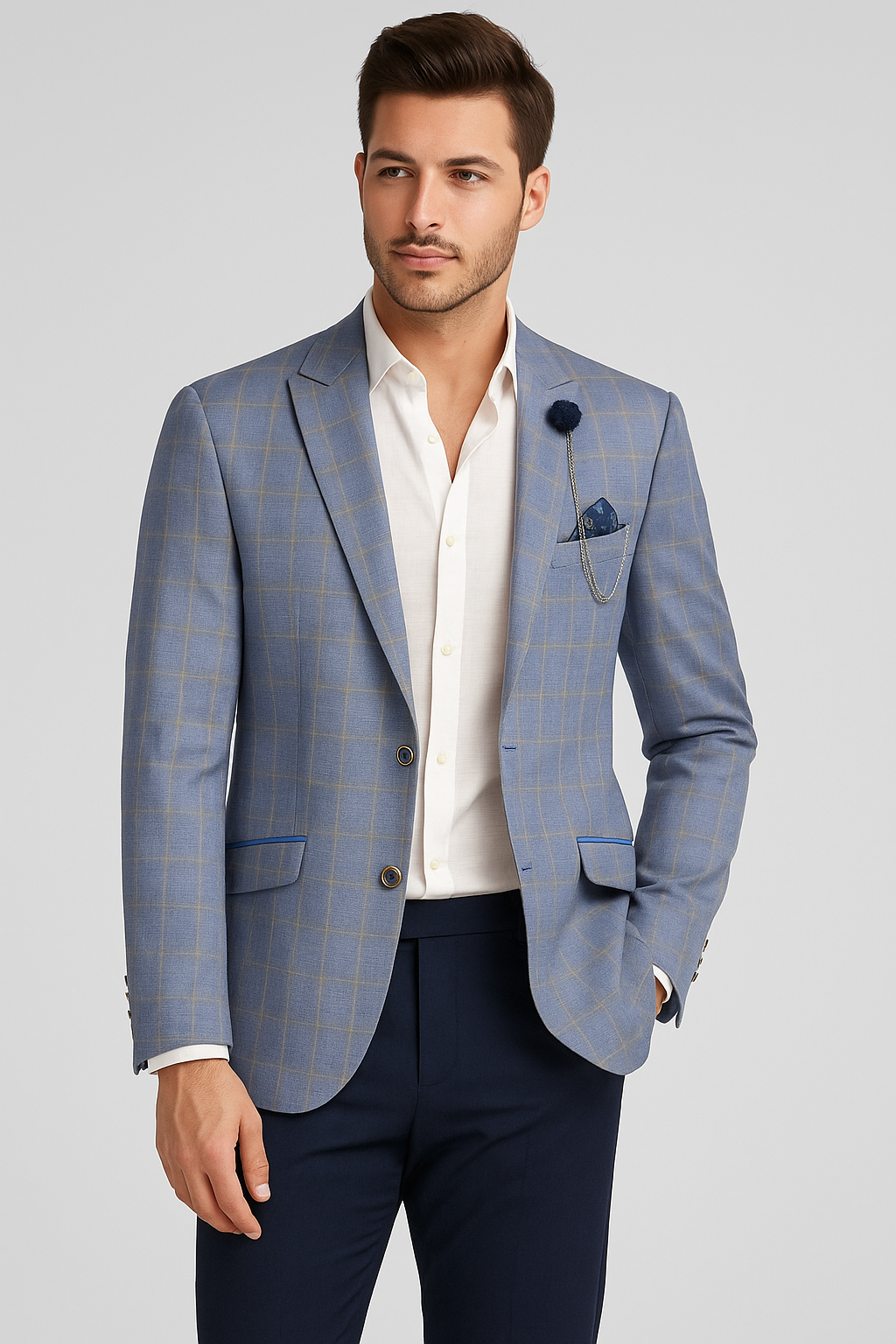 Men’s Light Blue Windowpane Slim Fit Blazer Model Picture