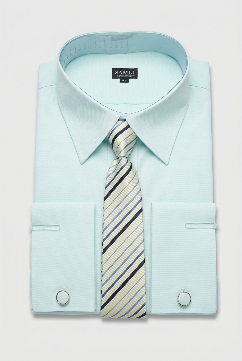 Men’s Light Mint Formal Shirt Set with Striped Tie and Cufflinks