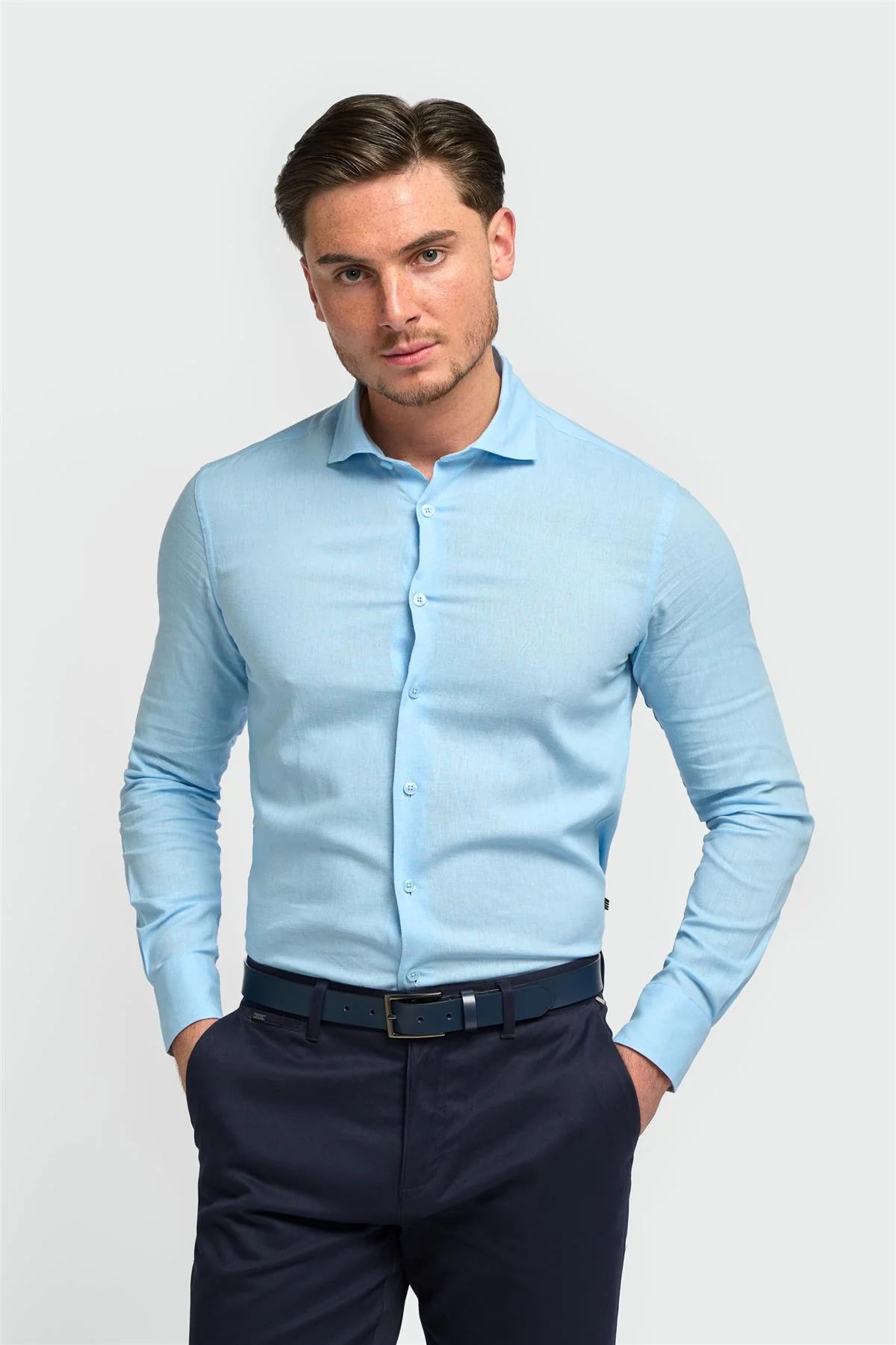 Men’s Linen Blend Slim Fit Button Up Shirt - Matera - Sky Blue Model Picture