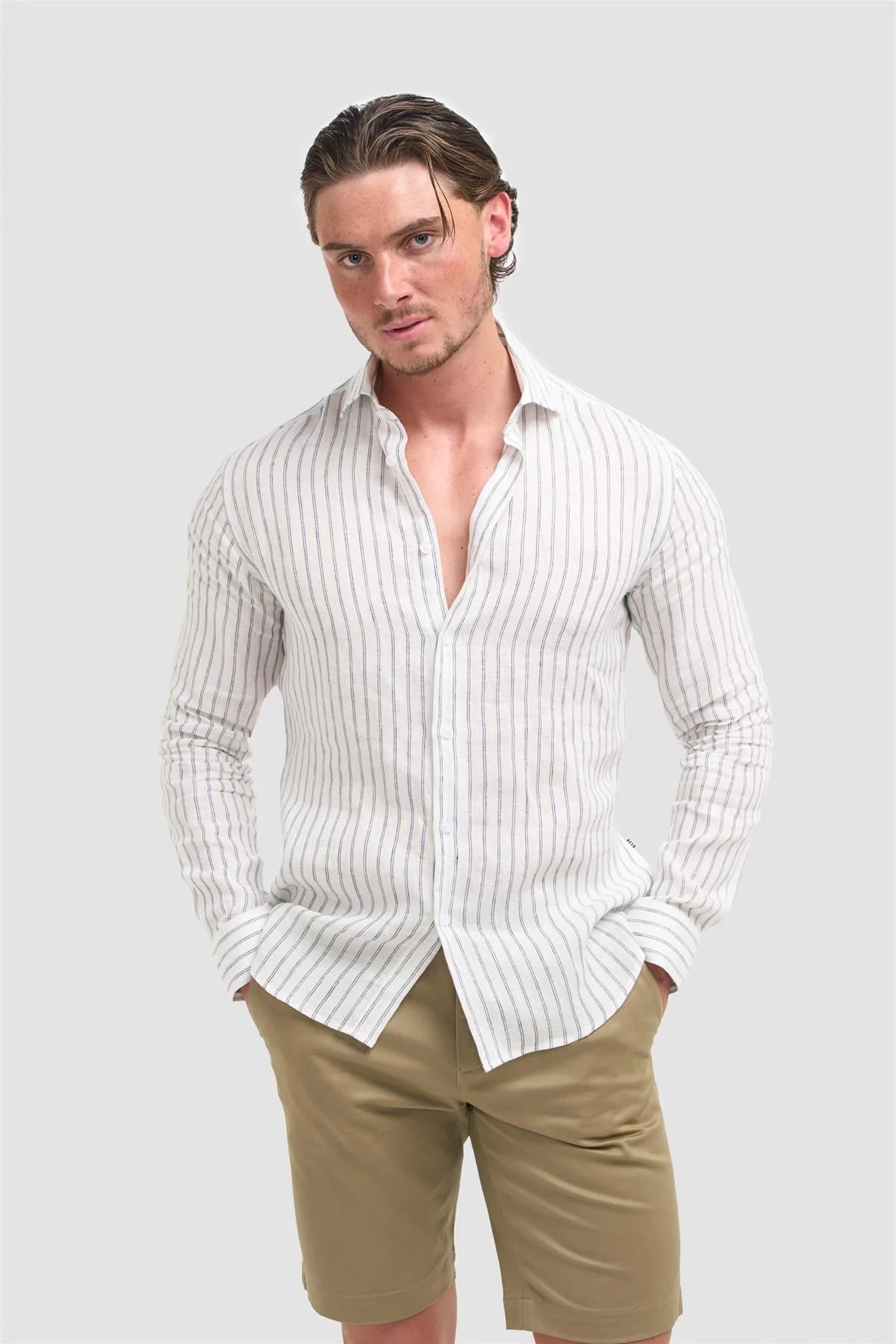 Men’s Linen Long Sleeve Striped Shirt - Alberi - White