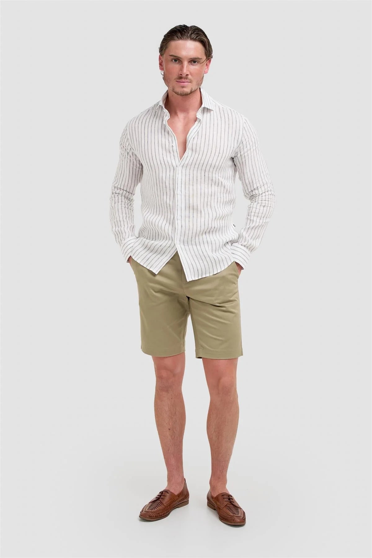 Men’s Linen Long Sleeve Striped Shirt - Alberi - White