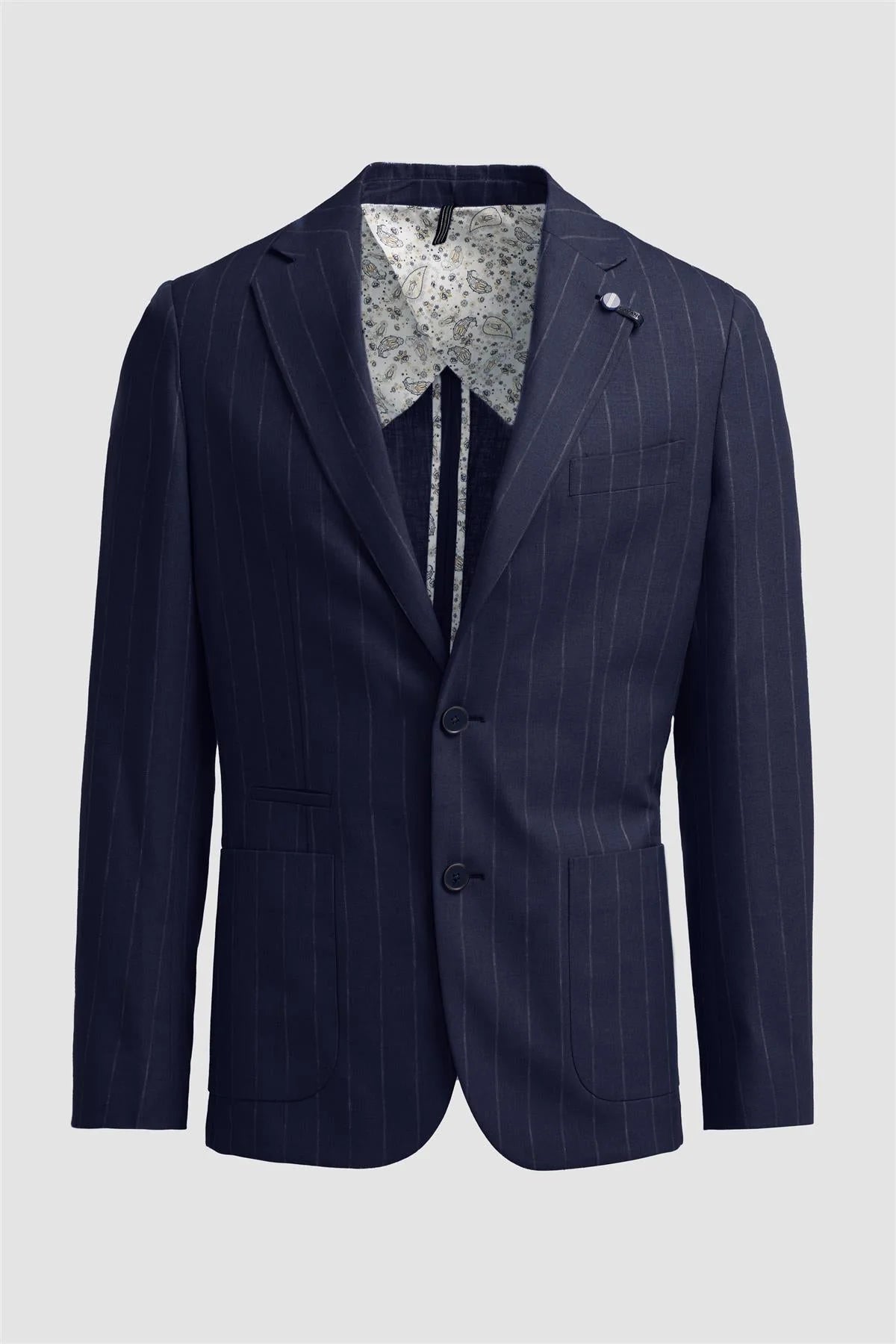 Men’s Linen Pinstripe Blazer with Patch Pockets - Piero - Navy Blue