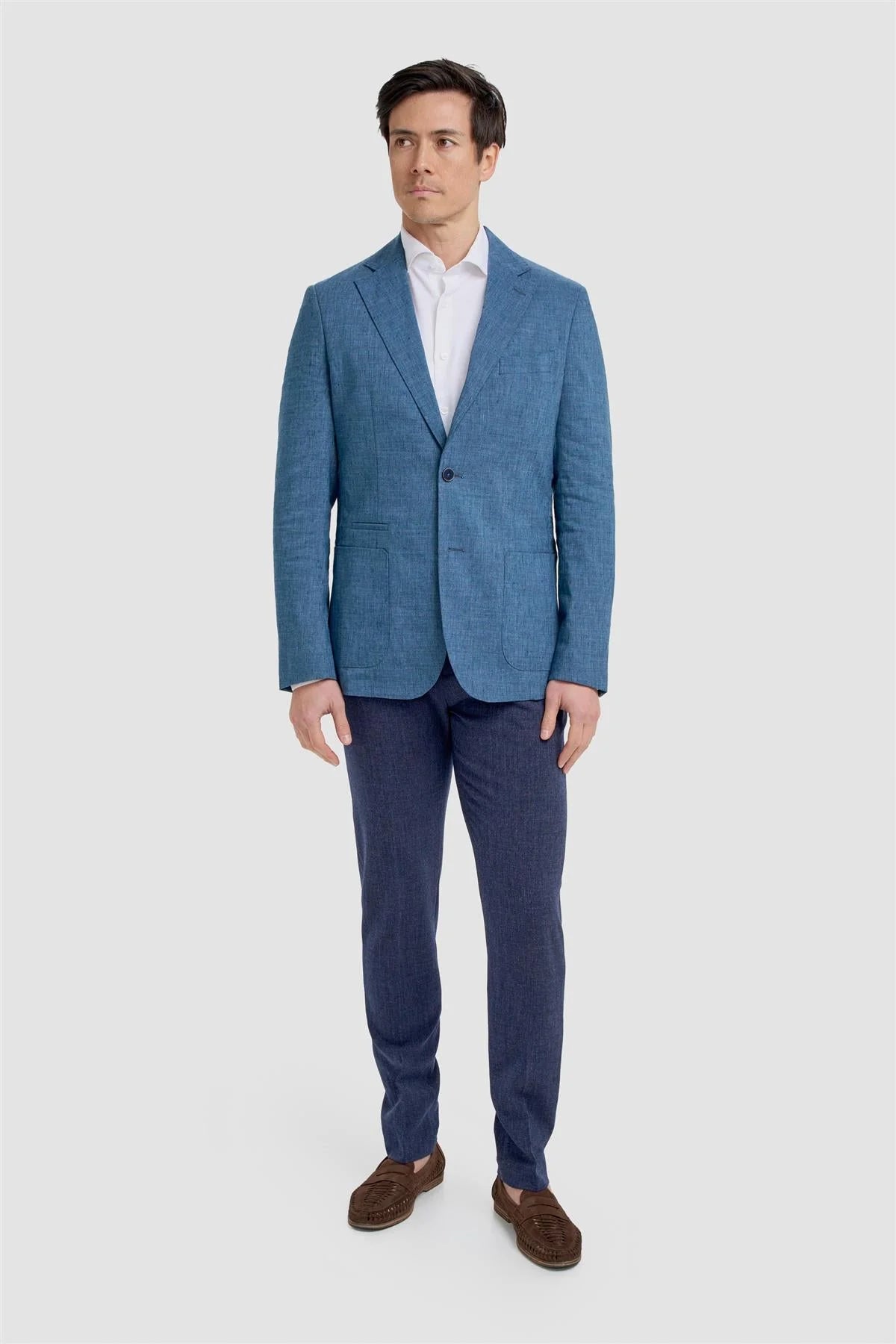 Men’s Linen Slim Fit Casual Blazer with Patch Pockets - Luca - Indigo Blue