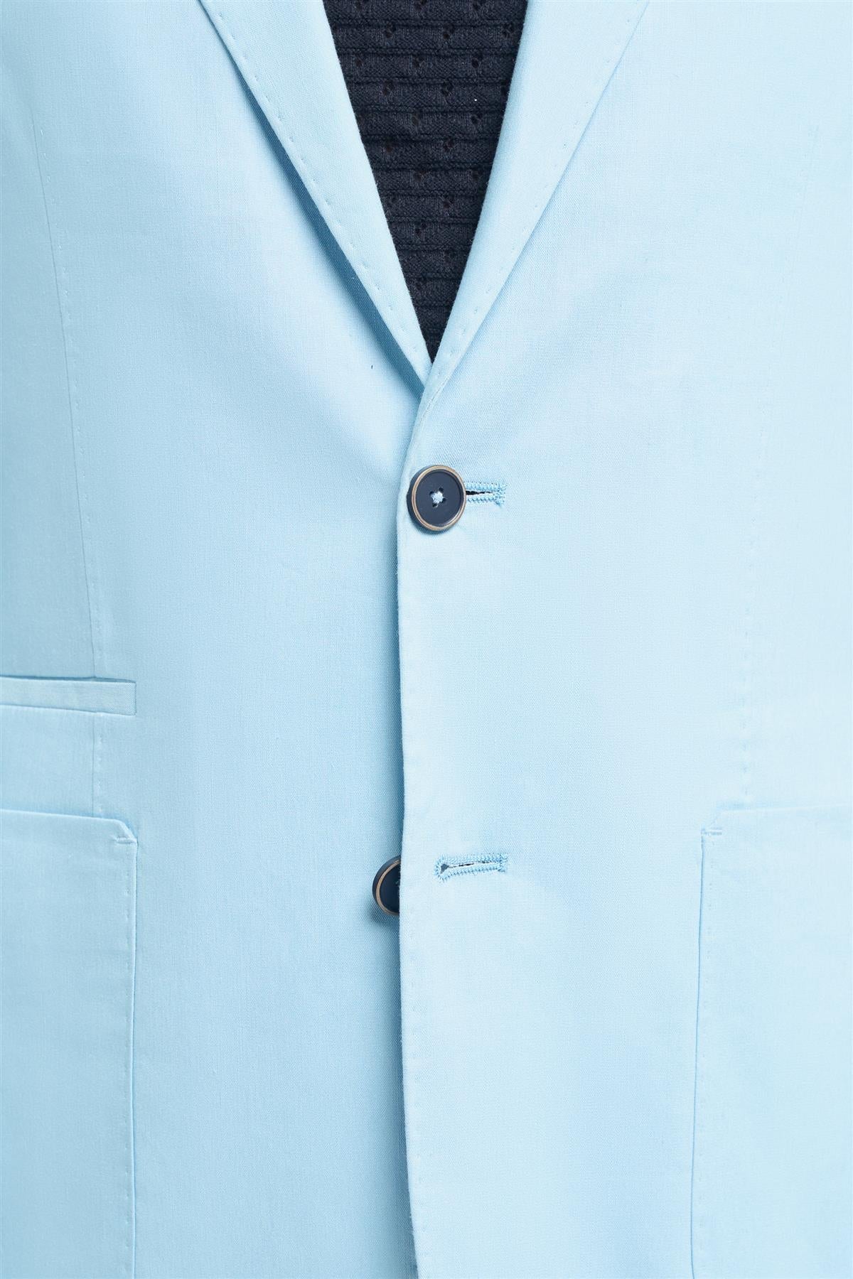 Men’s Linen Slim Fit Casual Blazer with Patch Pockets - Luca - Sky Blue Detail Picture