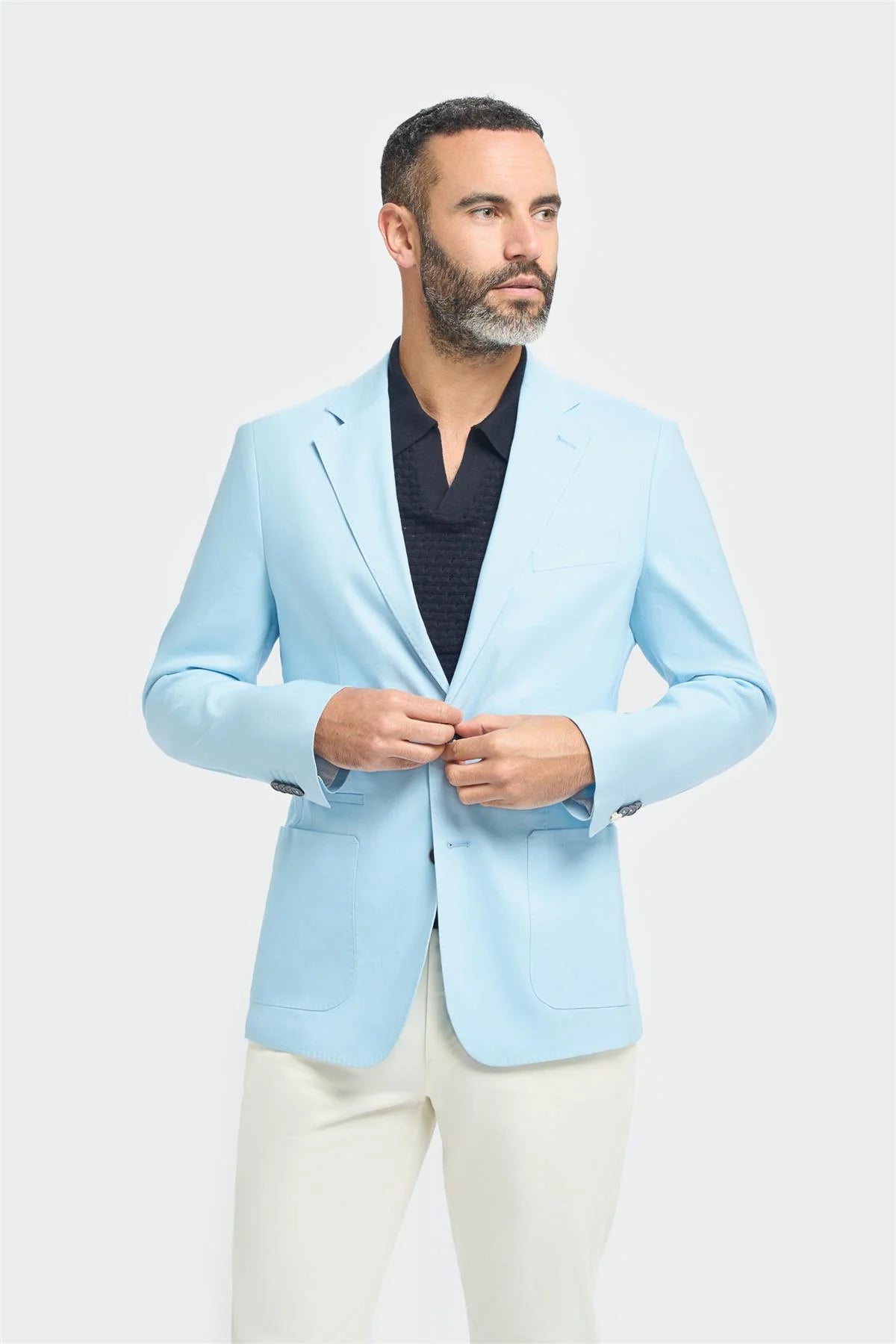 Men’s Linen Slim Fit Casual Blazer with Patch Pockets - Luca - Sky Blue Model Picture