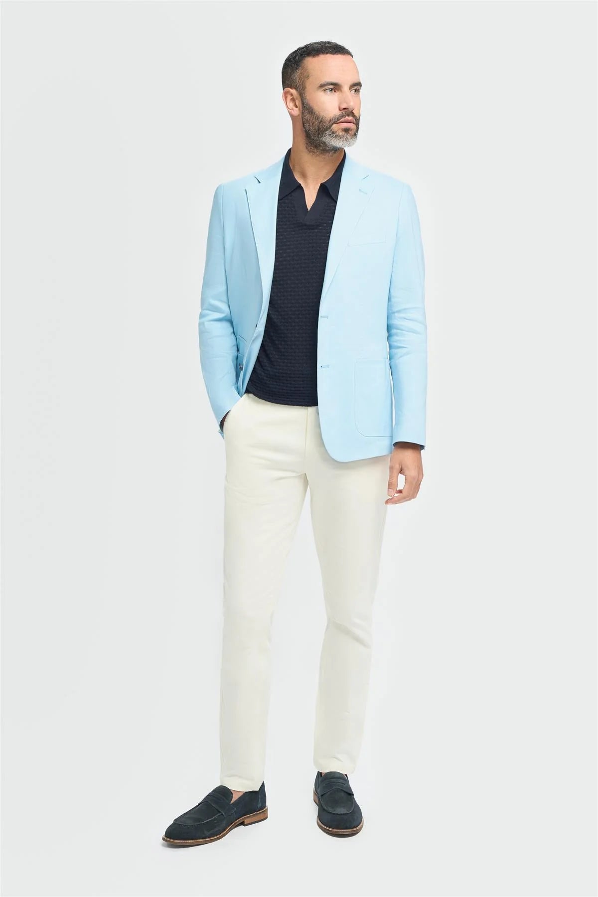 Men’s Linen Slim Fit Casual Blazer with Patch Pockets - Luca - Sky Blue Model Front Picture