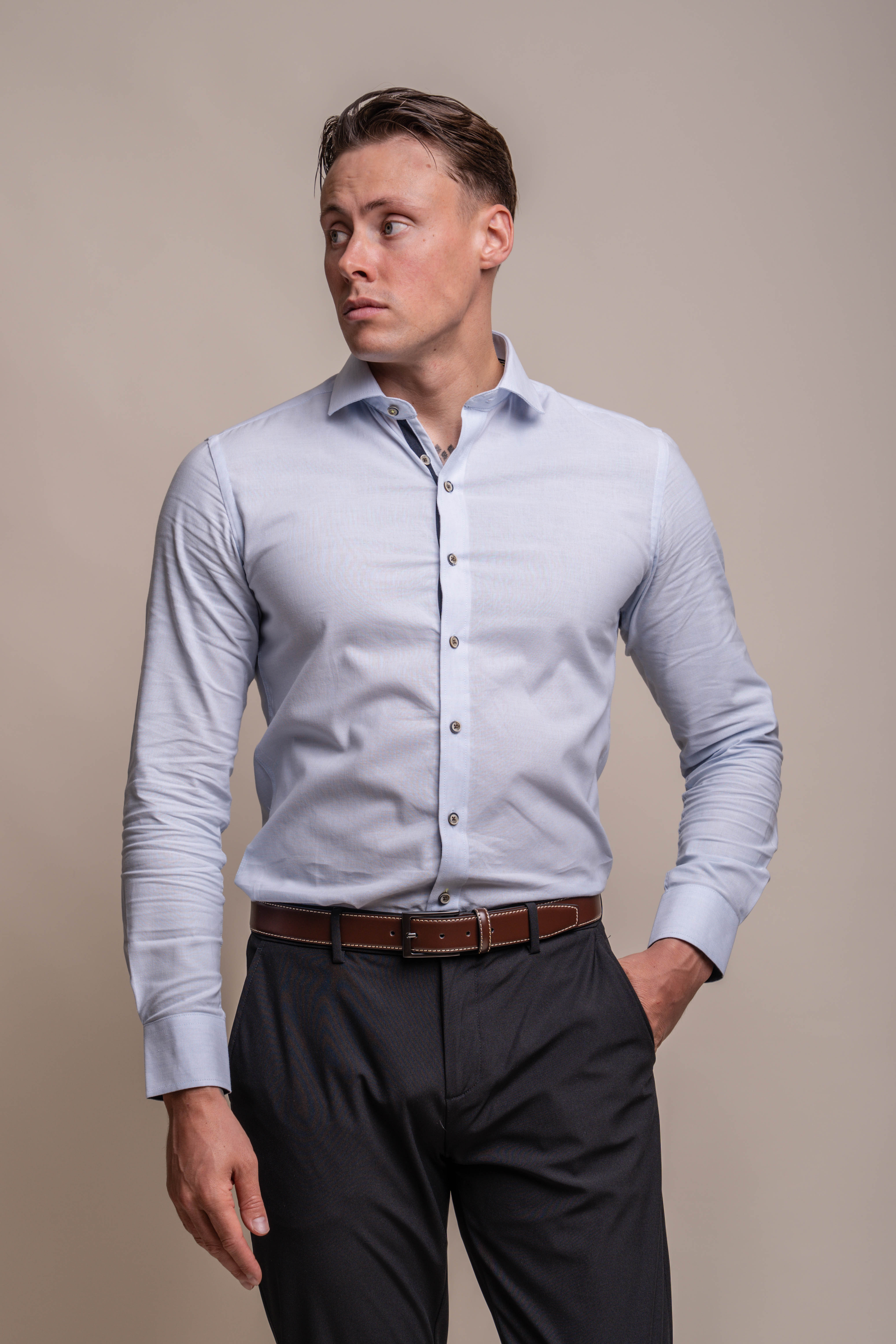 Men's Long Sleeves Linen Shirt - JORDI - Sky Blue Model Picture