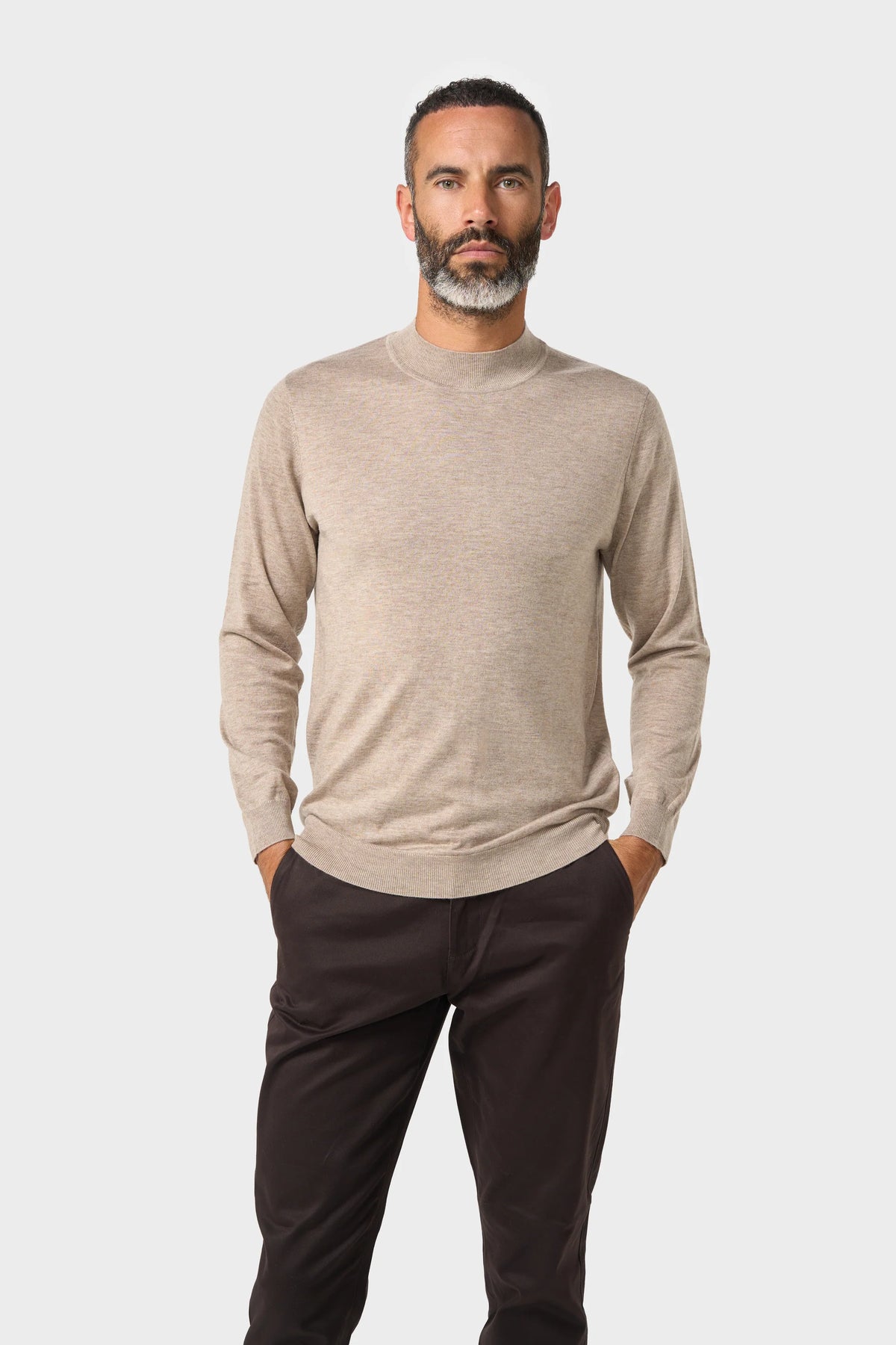 Men's Merino Wool High Neck Knitted Jumper – Cavani Colt Fawn model picture